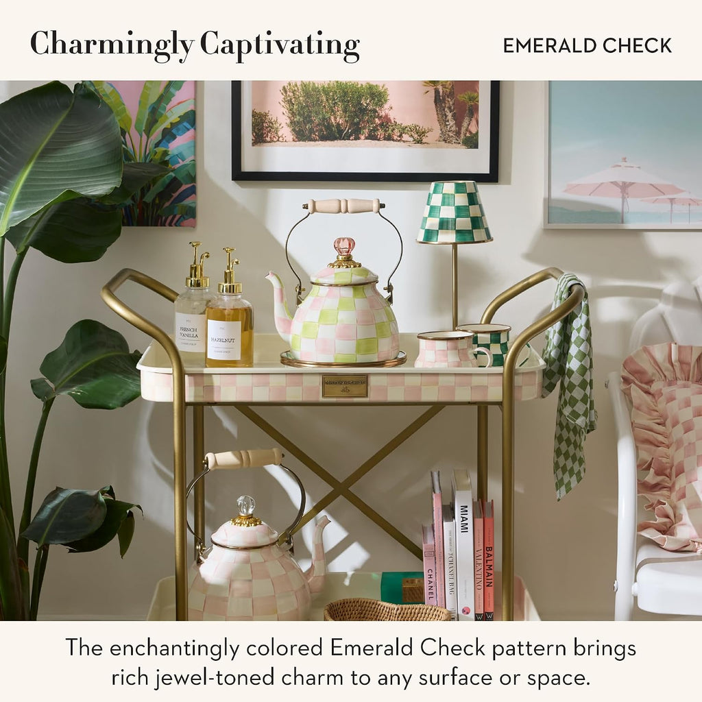 MACKENZIE-CHILDS LED Rechargeable Cafe Table Lamp, Cordless Decorative Lamp, Green-and-White Emerald Check