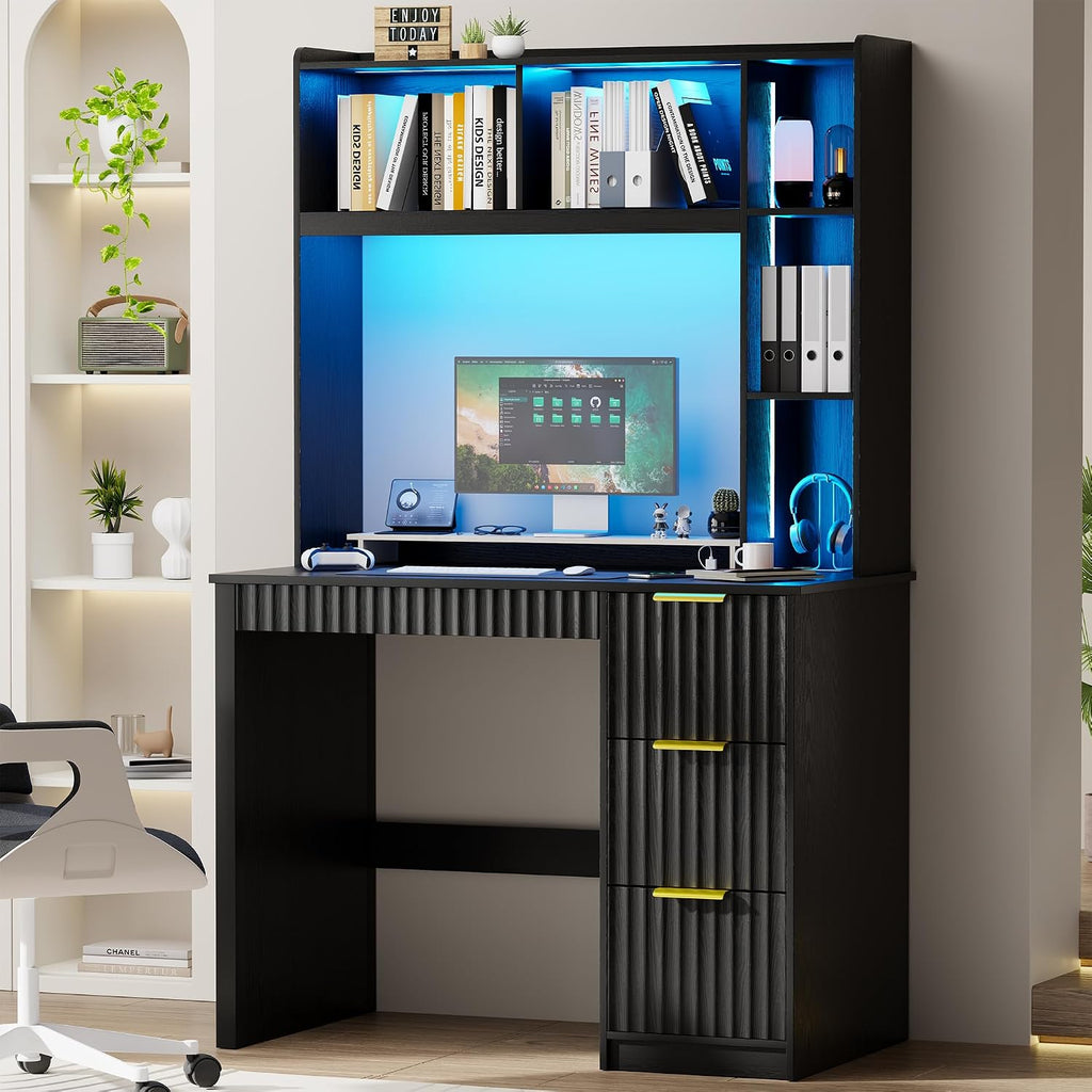 WOOVIVS Home Office Desk with Hutch & LED Lights - 39' Computer Desk with Charging Station, 3 Large Drawers, Hidden Compartment & Fluted Panel Design,Black Writing Desk for Bedroom, Study