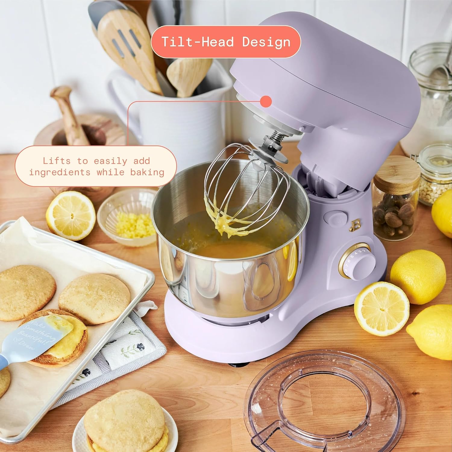 3.5 Qt Stand Mixer, 300W Powerful Motor, Tilt-Head Design with Stainless Steel Bowl, 12 Speeds, Includes Dough Hook Whisk Beater for Baking Mixing (Lavender)