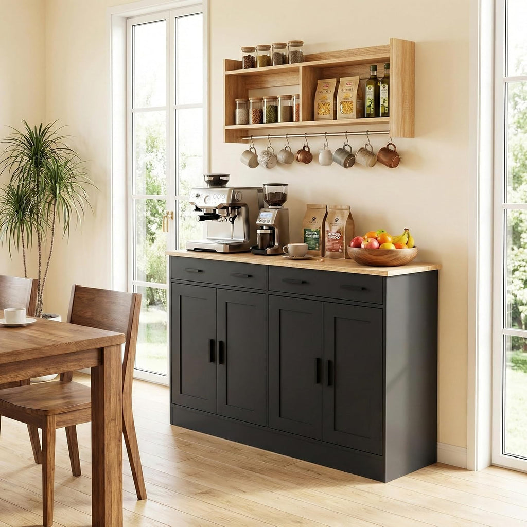 Anystyle 53' Black Buffet Cabinet with Storage, Kitchen Sideboard Buffet Server with 2 Drawers & 4 Doors, Modern Coffee Bar Cabinet Credenza for Dining Room, Living Room, Hallway