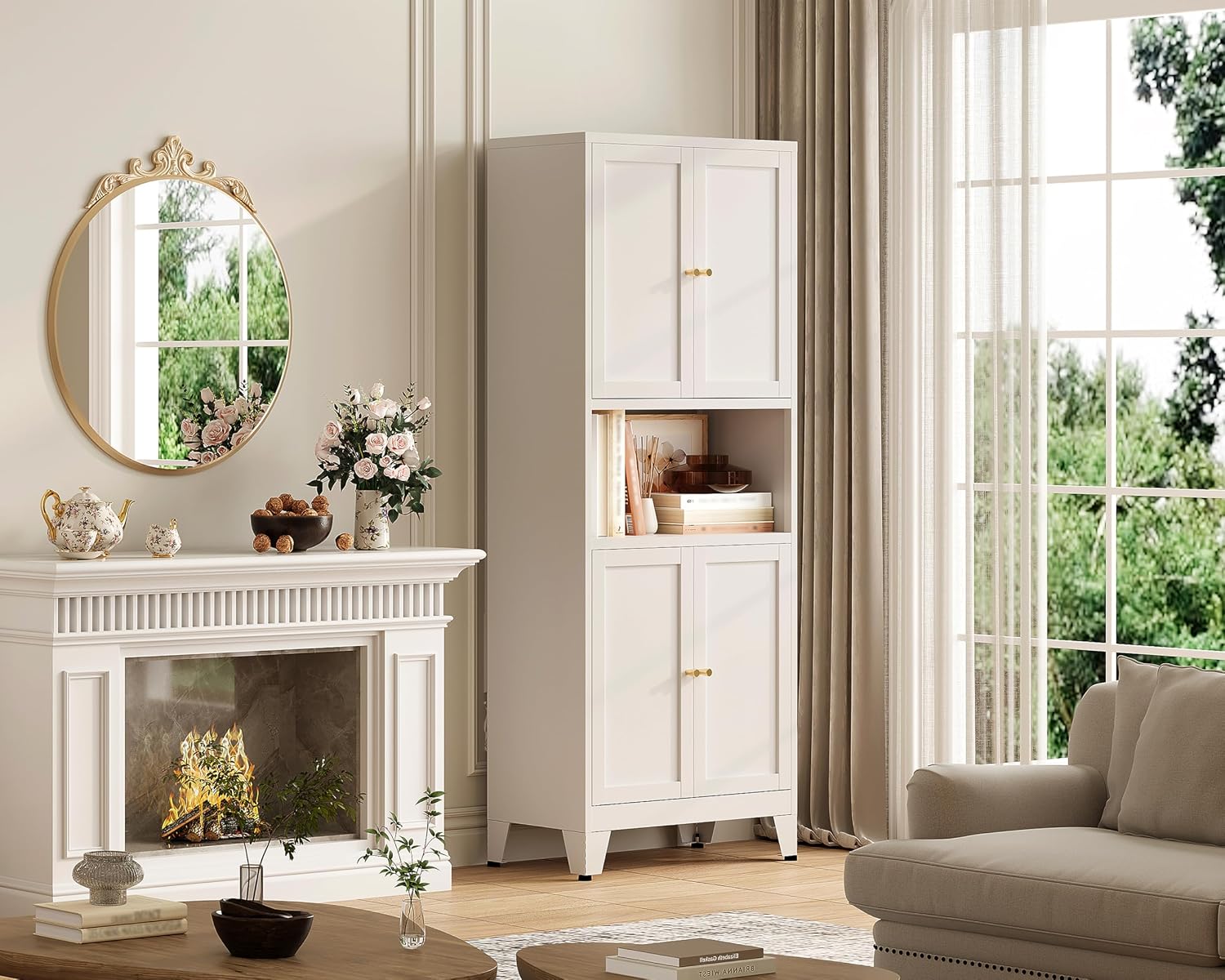 69' H Kitchen Hutch Cabinet with Storage,White Metal Storage Cabinet,Microwave Cabinet,Kitchen Pantry Cabinet with Countertop