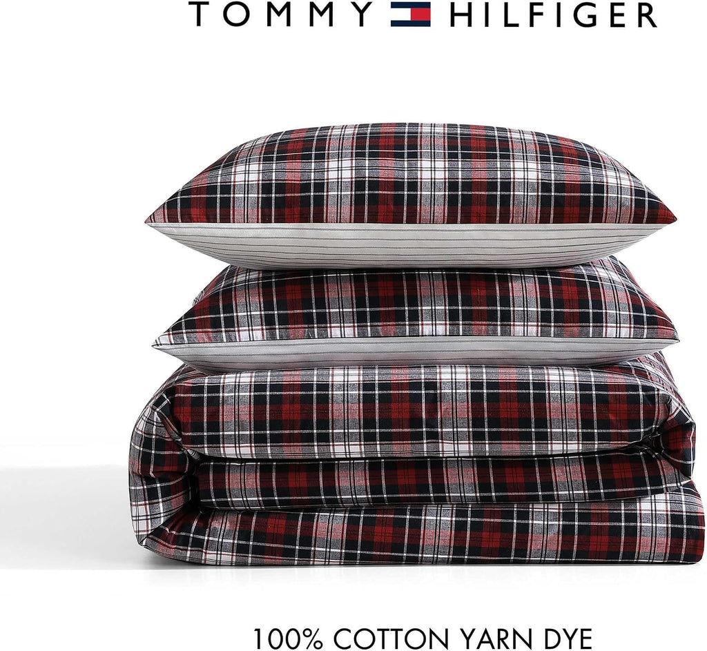 Tommy Hilfiger - Twin Comforter Set, Reversible Yard-Dyed Cotton Bedding with Matching Sham, Medium Weight, Oeko-Tex Certified, Dorm Essentials (Essential Tartan Red)