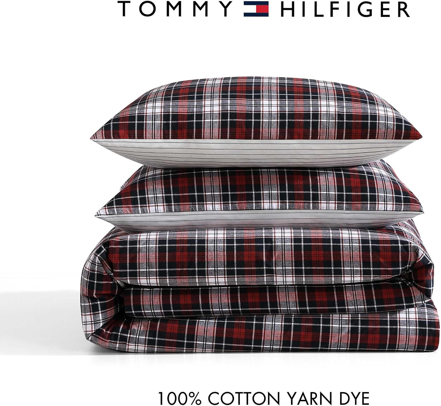 Tommy Hilfiger - Twin Comforter Set, Reversible Yard-Dyed Cotton Bedding with Matching Sham, Medium Weight, Oeko-Tex Certified, Dorm Essentials (Essential Tartan Red)