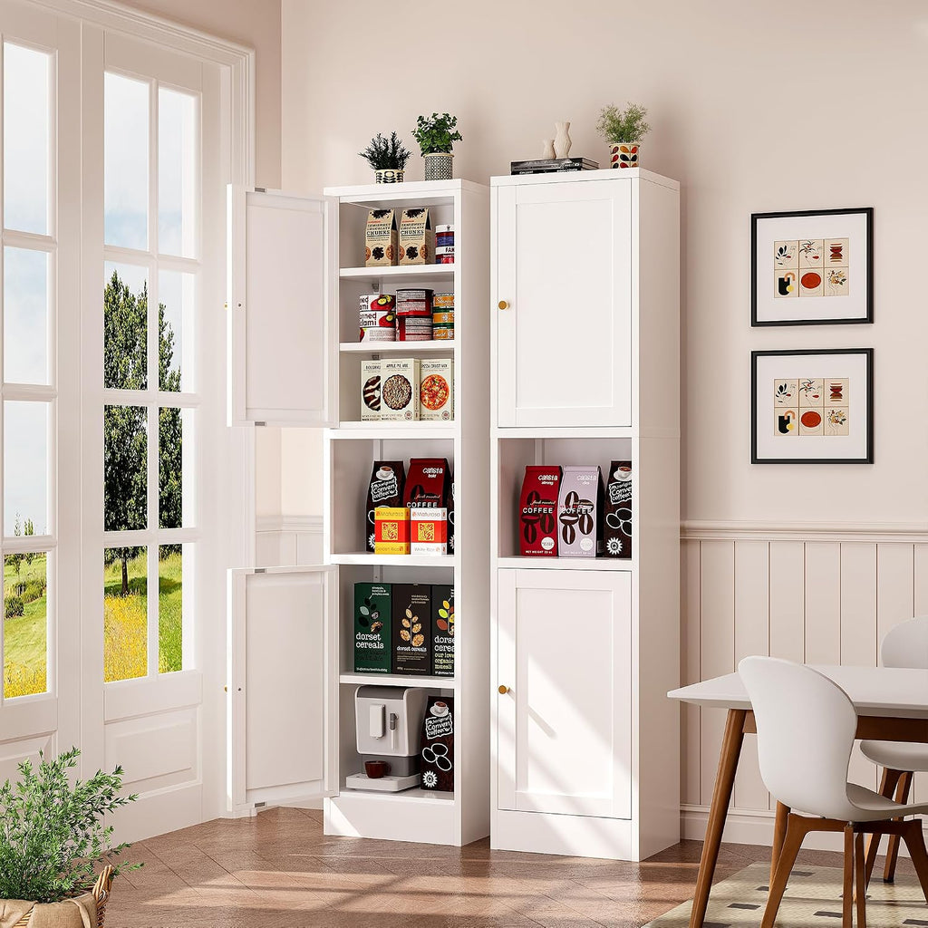 Tall Narrow Storage Cabinet,Metal Pantry Cabinet with Ajustable Shelves Open Countertop, Slim Sideboard for Small Spaces, Living Room, Kicthen, Dining Room, White