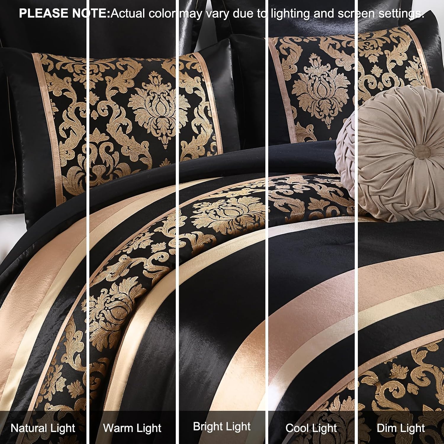 Finlonte Black Gold Comforter Set Queen Size - Luxury Jacquard Floral 7-Piece Silky Bed in a Bag, Vintage Patchwork All Season Down Alternative Bedding Set with Matching Pillows, Shams, Bed Skirt