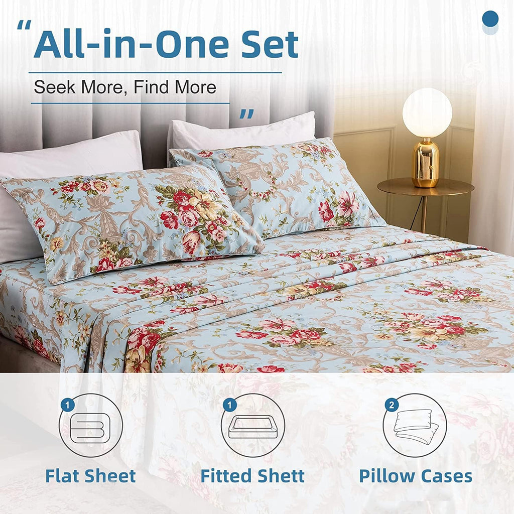 ABREEZE Floral Bedding Elegant Bed Sheets Set Luxury Bedding Collection Set 100% Egyptian Cotton Deep Pocket Fitted Sheet,4 Piece-California King Size