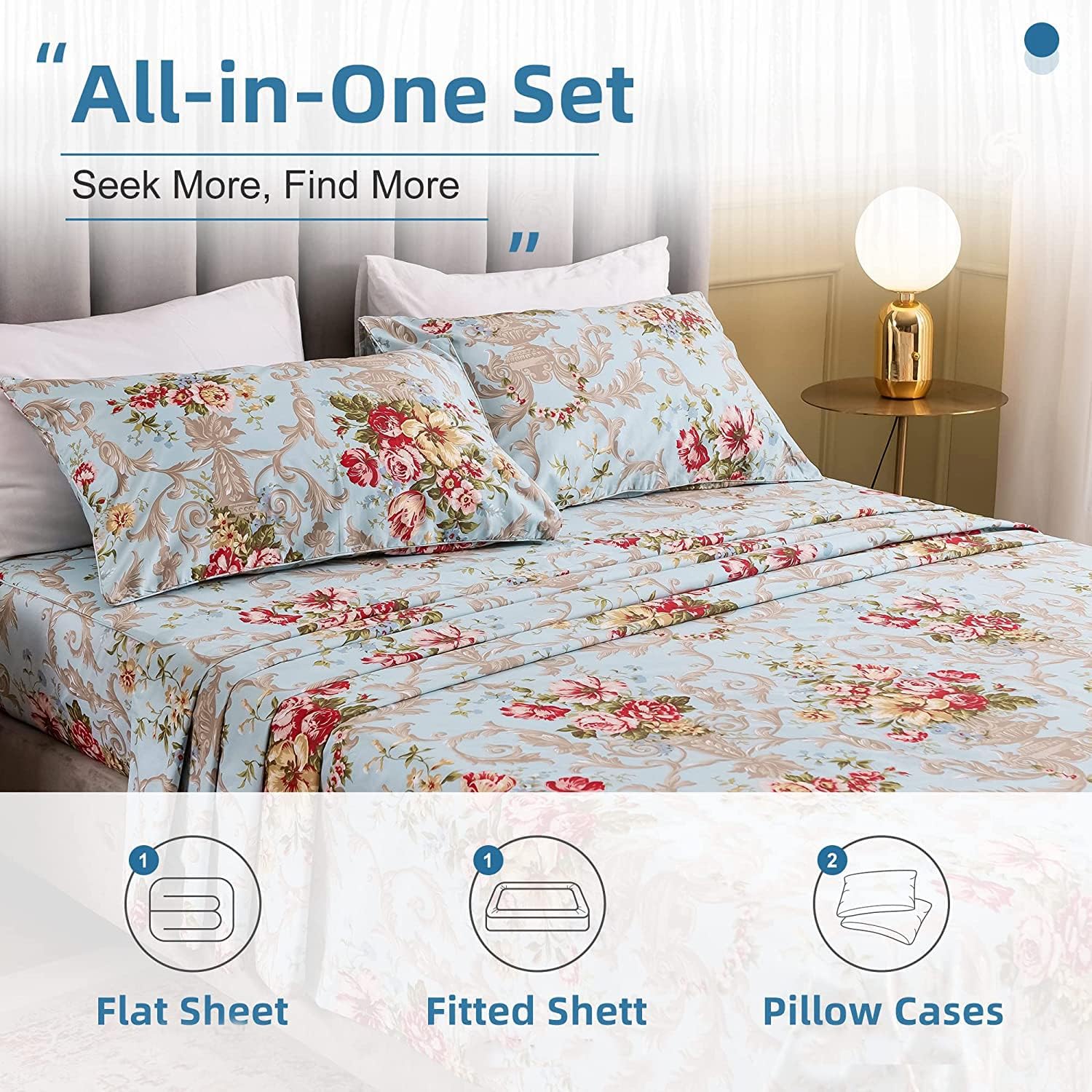 ABREEZE Floral Bedding Elegant Bed Sheets Set Luxury Bedding Collection Set 100% Egyptian Cotton Deep Pocket Fitted Sheet,4 Piece-California King Size