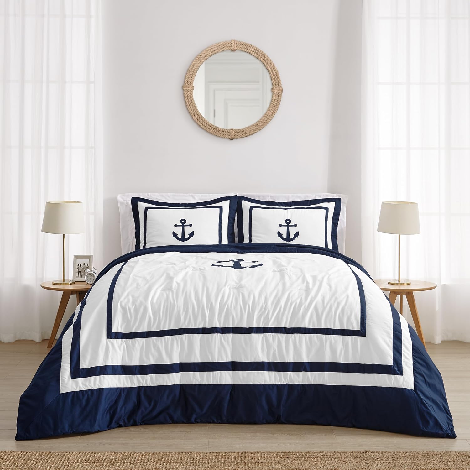 Sweet Jojo Designs Anchors Away Nautical Navy and White Boys 3 Piece Full/Queen Bedding Set