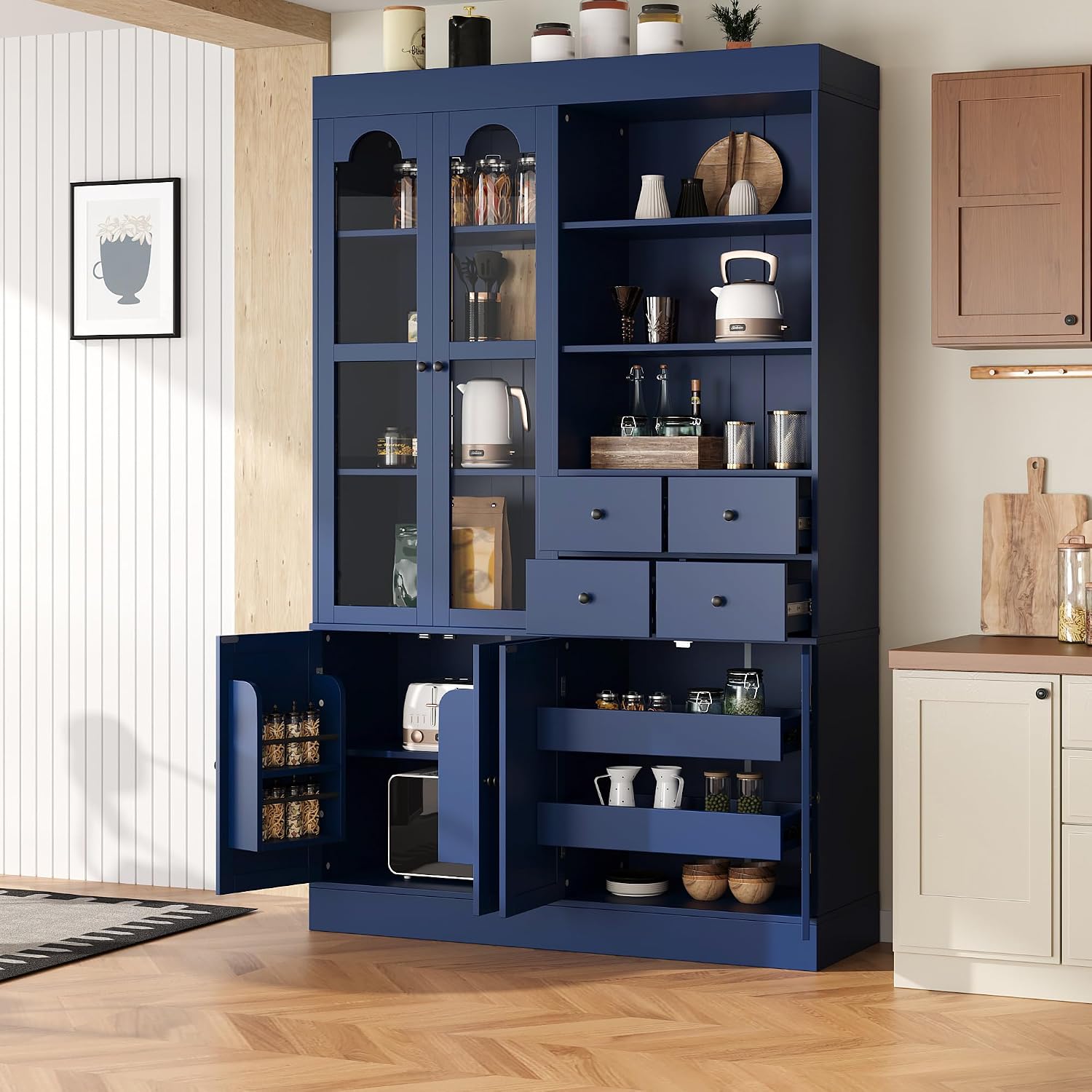 Modern 75inch Tall Kitchen Pantry Storage Cabinet with 4 Drawers, Freestanding Buffet Cabinet with Door Shelves and Pull-Out Trays for Dining Room, Living Room (Blue/32r)