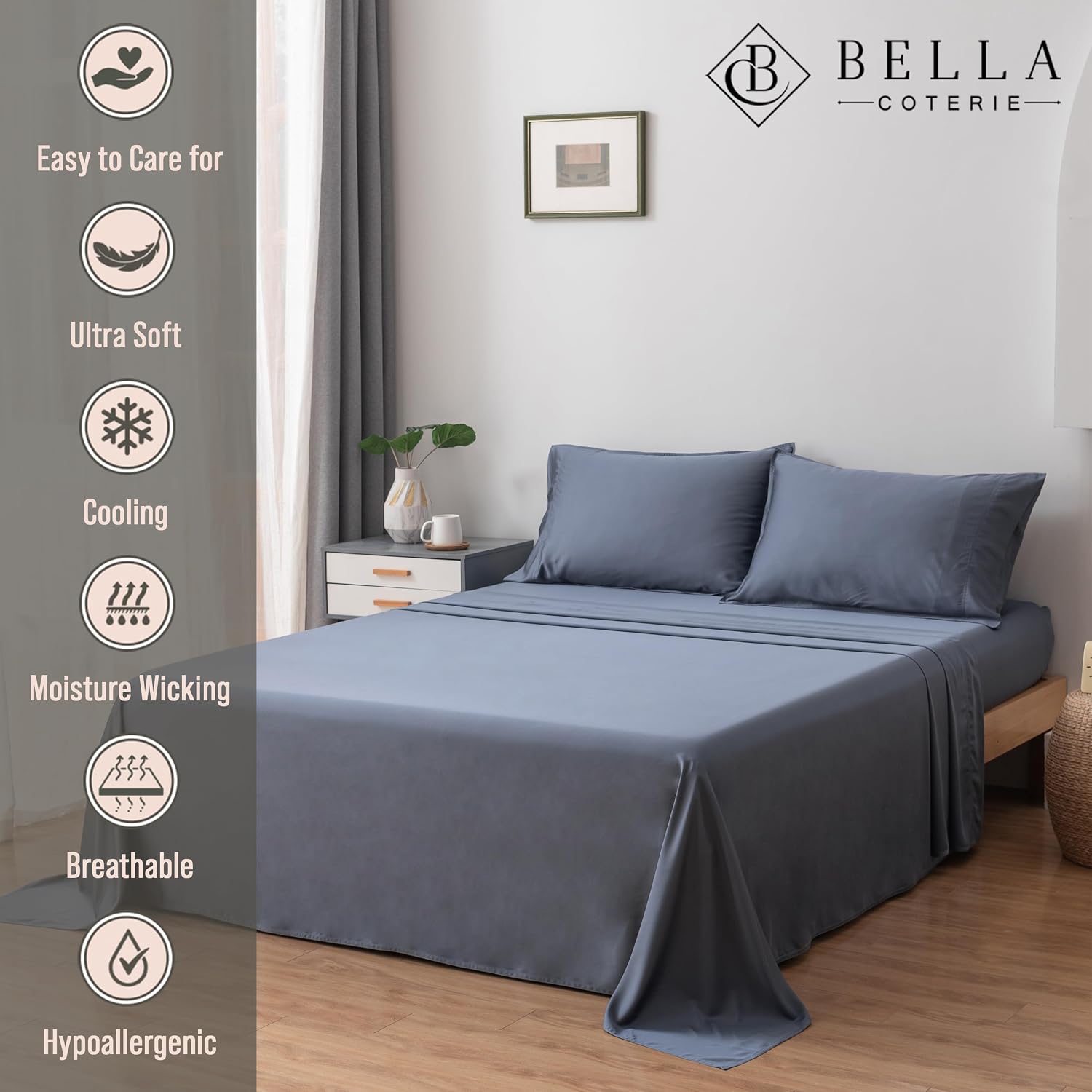 Bella Coterie Luxury Bamboo Viscose Queen Size Sheet Set | 100% Organically Grown | Ultra Soft | Cooling for Hot Sleepers | 18' Deep Pocket [Slate Blue]