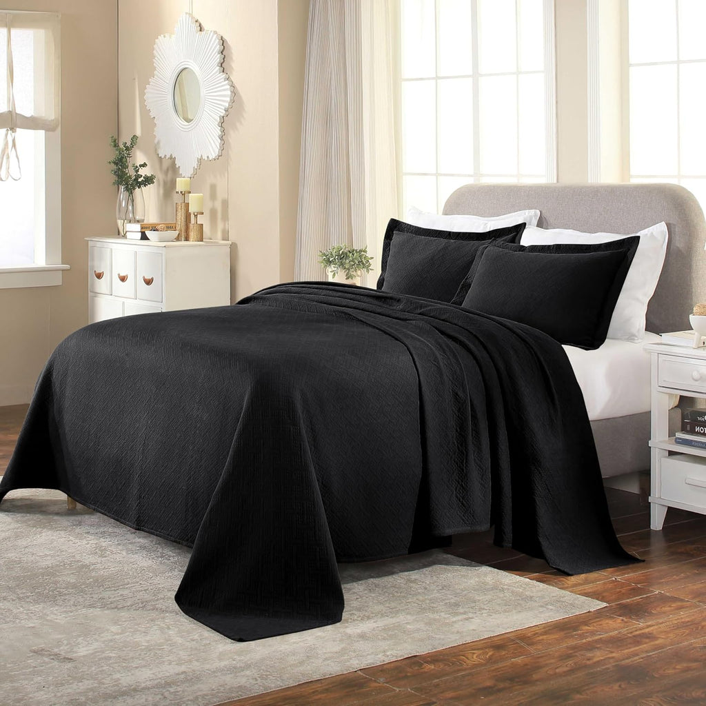 Superior 3 Piece Basketweave 100% Cotton Bedspread Set, Home Bed Decor, Decorative Bed Spread, 2 Pillow Shams, Medium Weight Blanket, Matelasse Coverlet Bedding, Geometric Lattice Pattern, King, Black