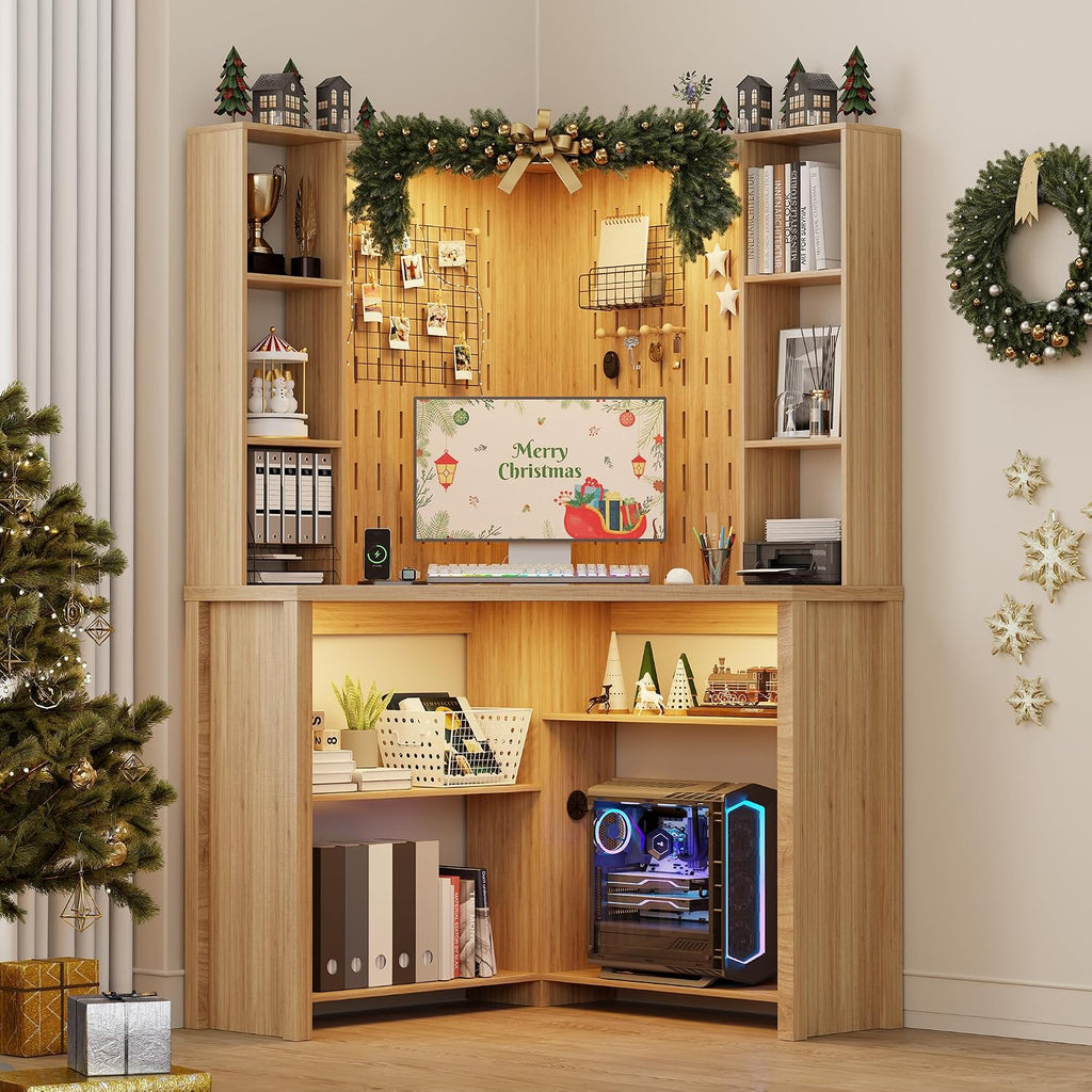 Corner Desk with - LED Reading Light, L-Shaped Computer Desk w/Hutch & Shelves, Home Office Desk w/Charging Station for Work & Study, File Cabinet Storage Bookshelf for Small Space (Natural)