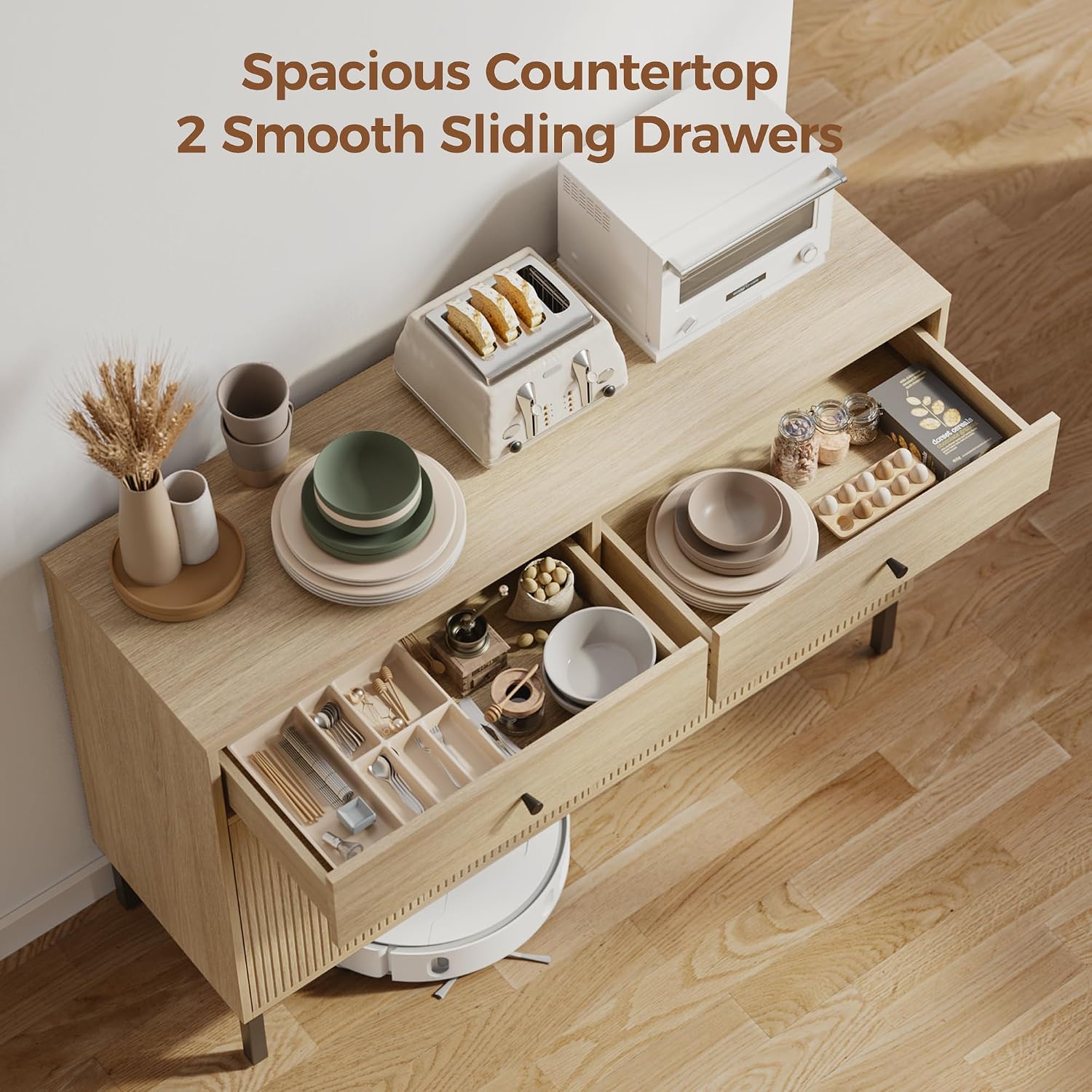 Mericonia Farmhouse Buffet Sideboard Cabinet with Storage, Fluted Coffee Bar with Doors and Adjustable Shelves, Modern Wood Console Cabinet with Drawers (4 Door, Oak2 Drawer)