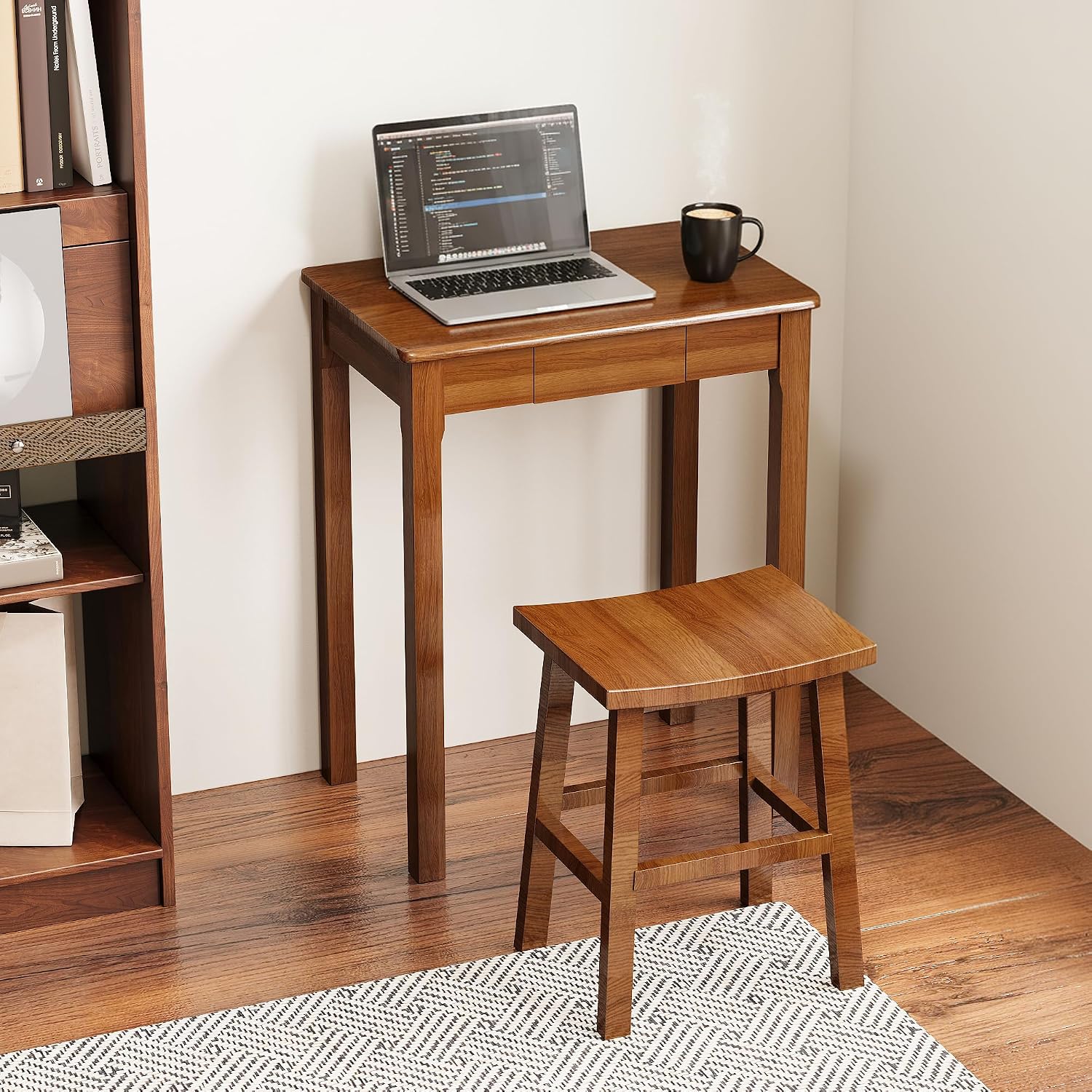 Solid Wood Desk with Drawers - 23.6' Narrow Desks for Small Spaces, Mid Century Modern Desks, Small Wooden Vintage Computer Writing Desk, Study Table for Home Office Bedroom, Walnut