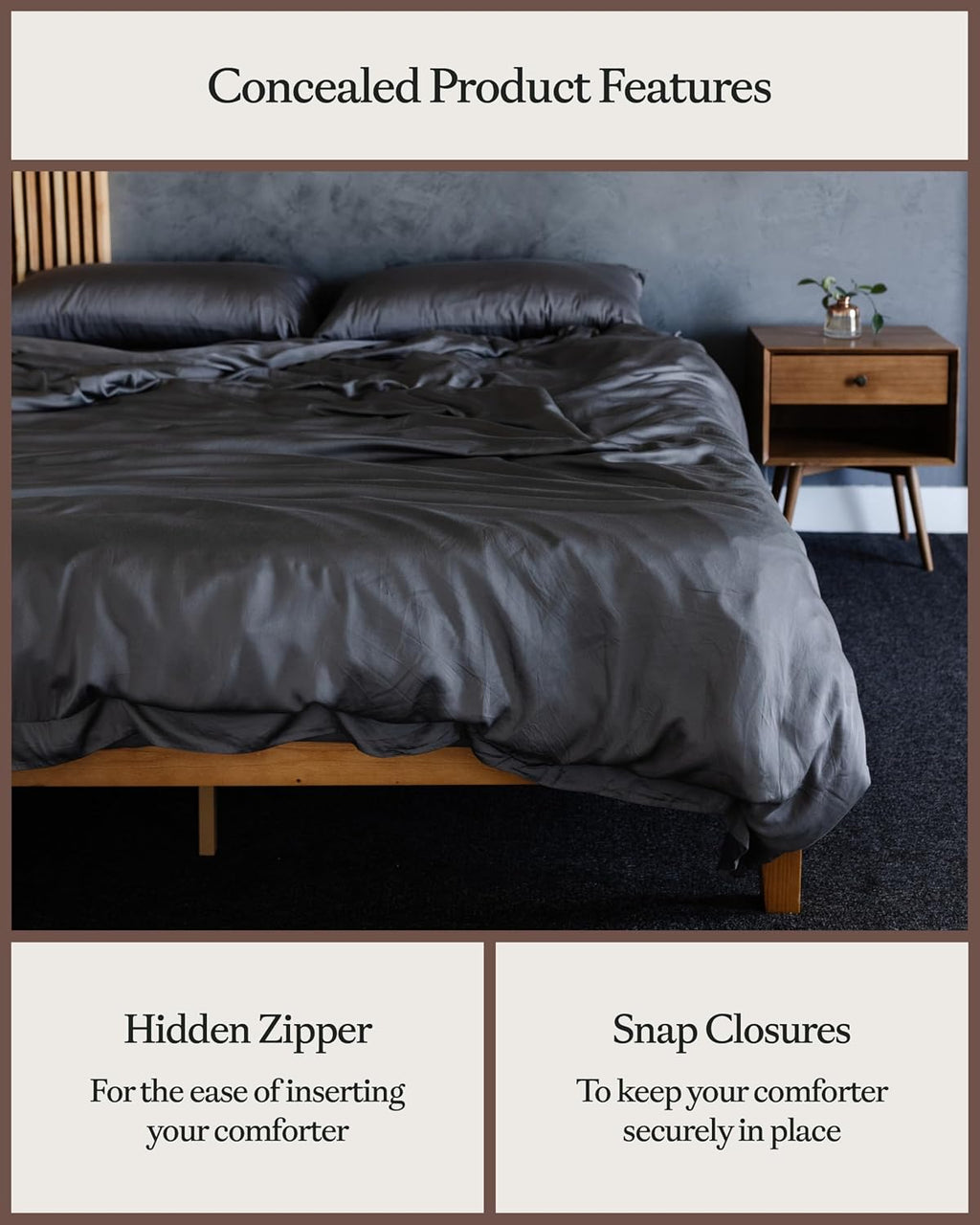 Cozy Earth Luxury Duvet Cover Queen - 100% Viscose from Bamboo - Ultra-Soft, Cooling & Lightweight Duvet Cover - Temperature-Regulating Bedding with Concealed Zip & Interior Snap Closures - Charcoal