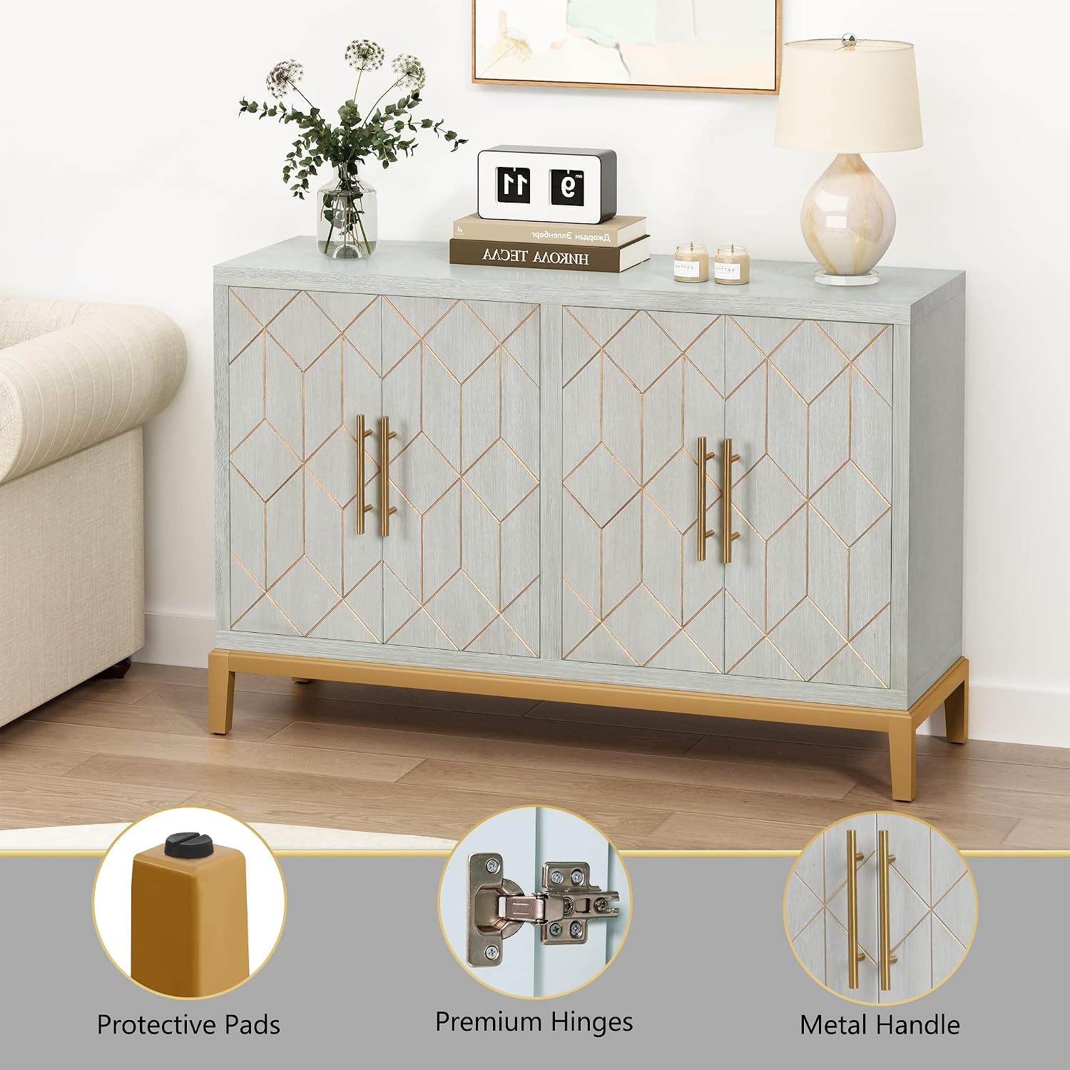 HLR 48' Accent Cabinet with 4 Doors and Shelves, Modern Credenza Storage Cabinet with Gold Trim, Green Buffet Cabinet for Living Room, Kitchen, Dining Room, Hallway