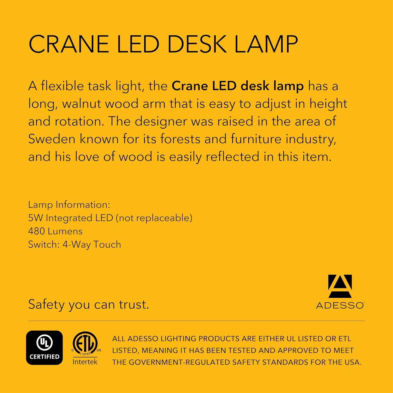 ADS360 AD9100-15 Crane LED Desk Lamp,Walnut/Black