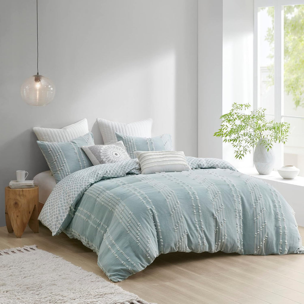 INK+IVY 100% Cotton Comforter Set Trendy Stripe Textured Design, Modern Down Alternative, All Season Cozy Bedding with Matching Shams, Full/Queen, Aqua Reversable Stripes