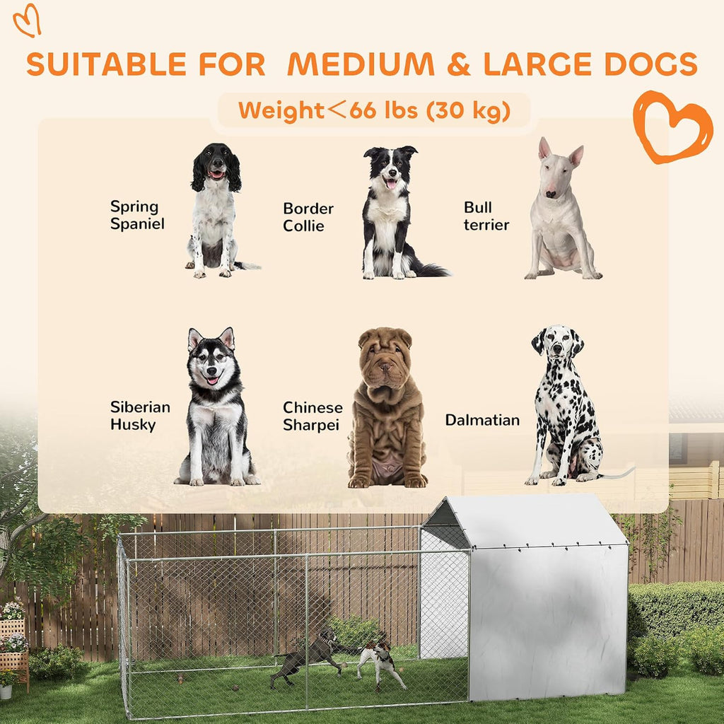 PawHut 20' x 7.5' x 7.5' Large Outdoor Dog Kennel w/Secure Lock, Heavy Duty Galvanized Chain Link Dog Kennel w/Waterproof & UV-Resistant Cover, Rotating Bowls, for M&L Breeds, Chickens, Ducks