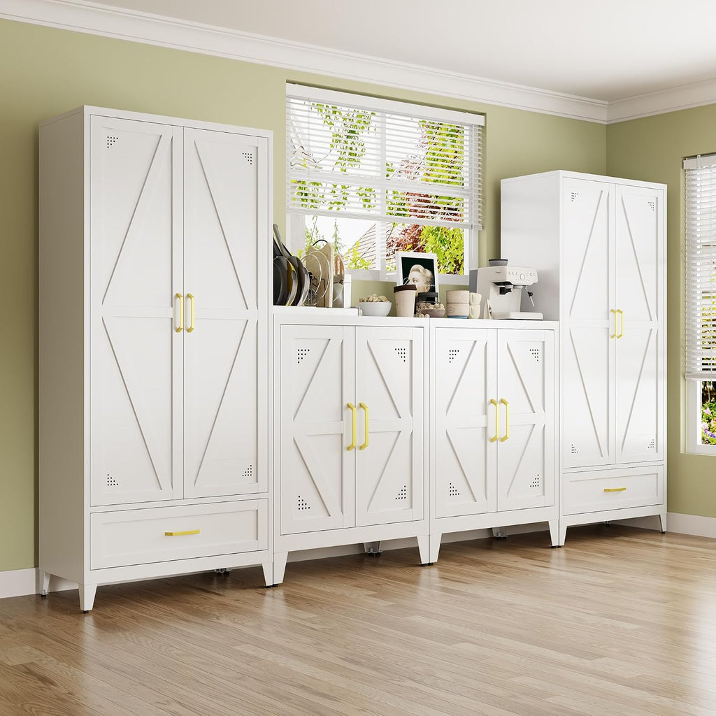 71' Tall Kitchen Pantry Storage Cabinet with Barn Doors, Drawer & Adjustable Shelves, Freestanding Storage Kitchen Cupboard, Versatile Food Pantry for Dining Room, 32' Wide,White