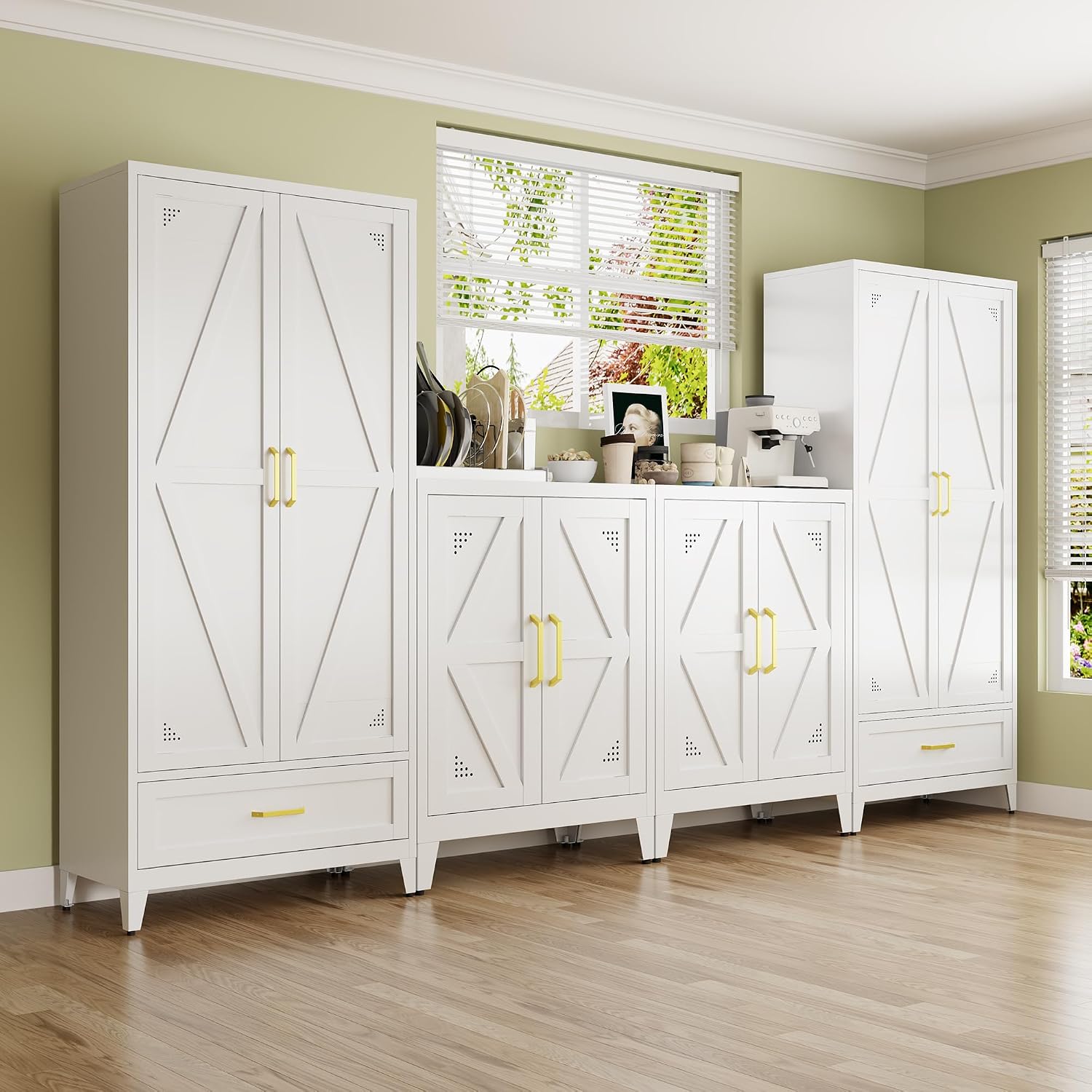 71' Tall Kitchen Pantry Storage Cabinet with Barn Doors, Drawer & Adjustable Shelves, Freestanding Storage Kitchen Cupboard, Versatile Food Pantry for Dining Room, 32' Wide,White