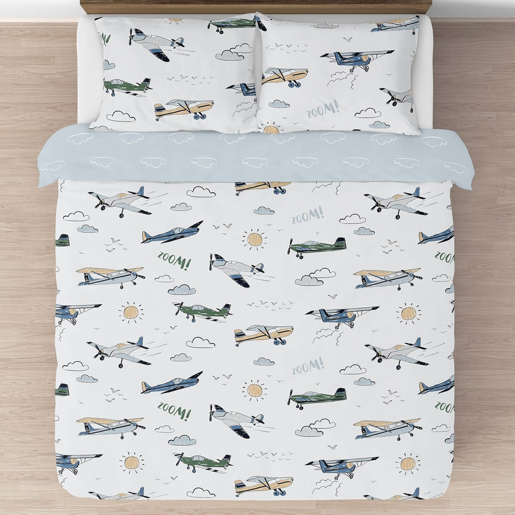 Sweet Jojo Designs Vintage Airplane Boy Queen Comforter Set Full Size Bedding for Kids Teen Adult Bed Room 3pc Grey Green Blue White Yellow Airplanes Air Plane Transportation Clouds Sun Sky Aviator