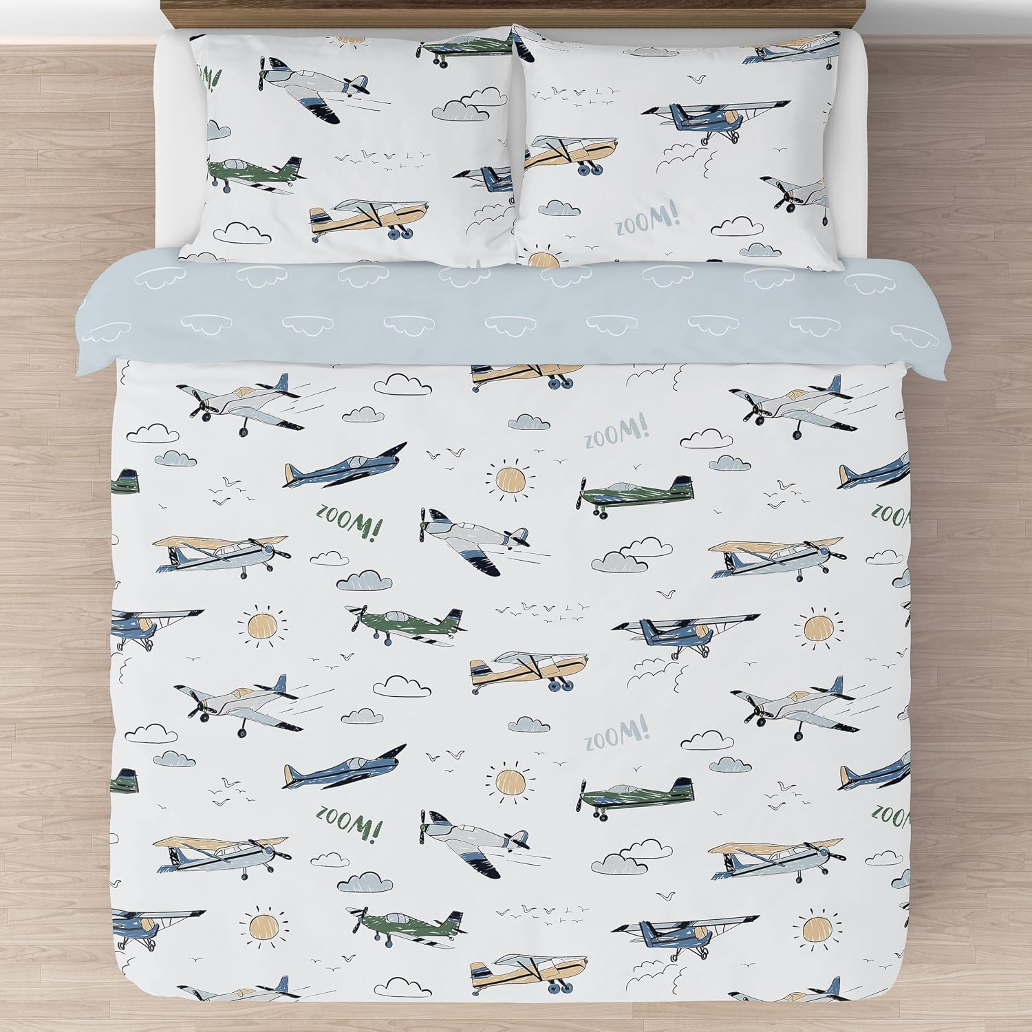 Sweet Jojo Designs Vintage Airplane Boy Queen Comforter Set Full Size Bedding for Kids Teen Adult Bed Room 3pc Grey Green Blue White Yellow Airplanes Air Plane Transportation Clouds Sun Sky Aviator