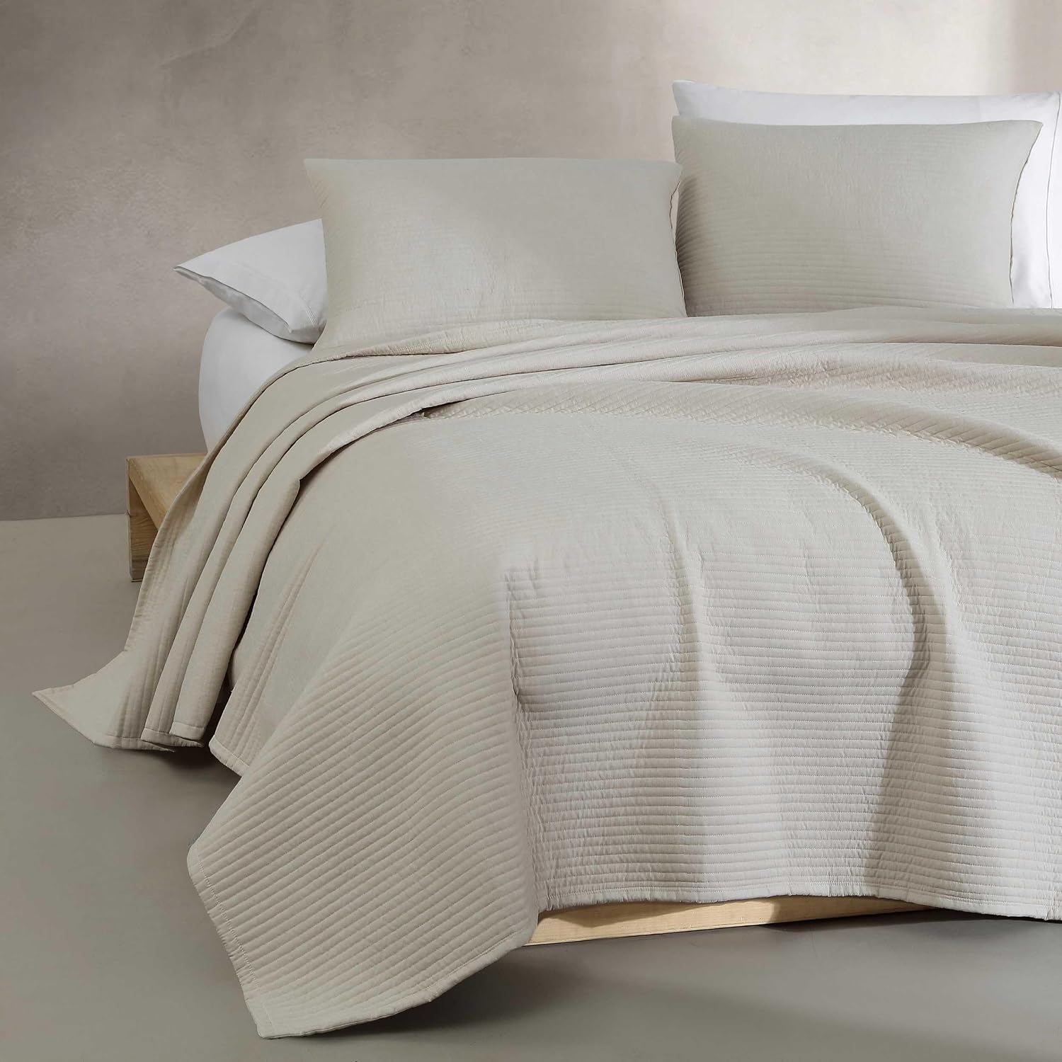 Calvin Klein - Queen Quilt Set, Luxuriously Soft Channel Stitch Bedding with Matching Shams (Mini Channel Stitch Solid Beige, Queen)