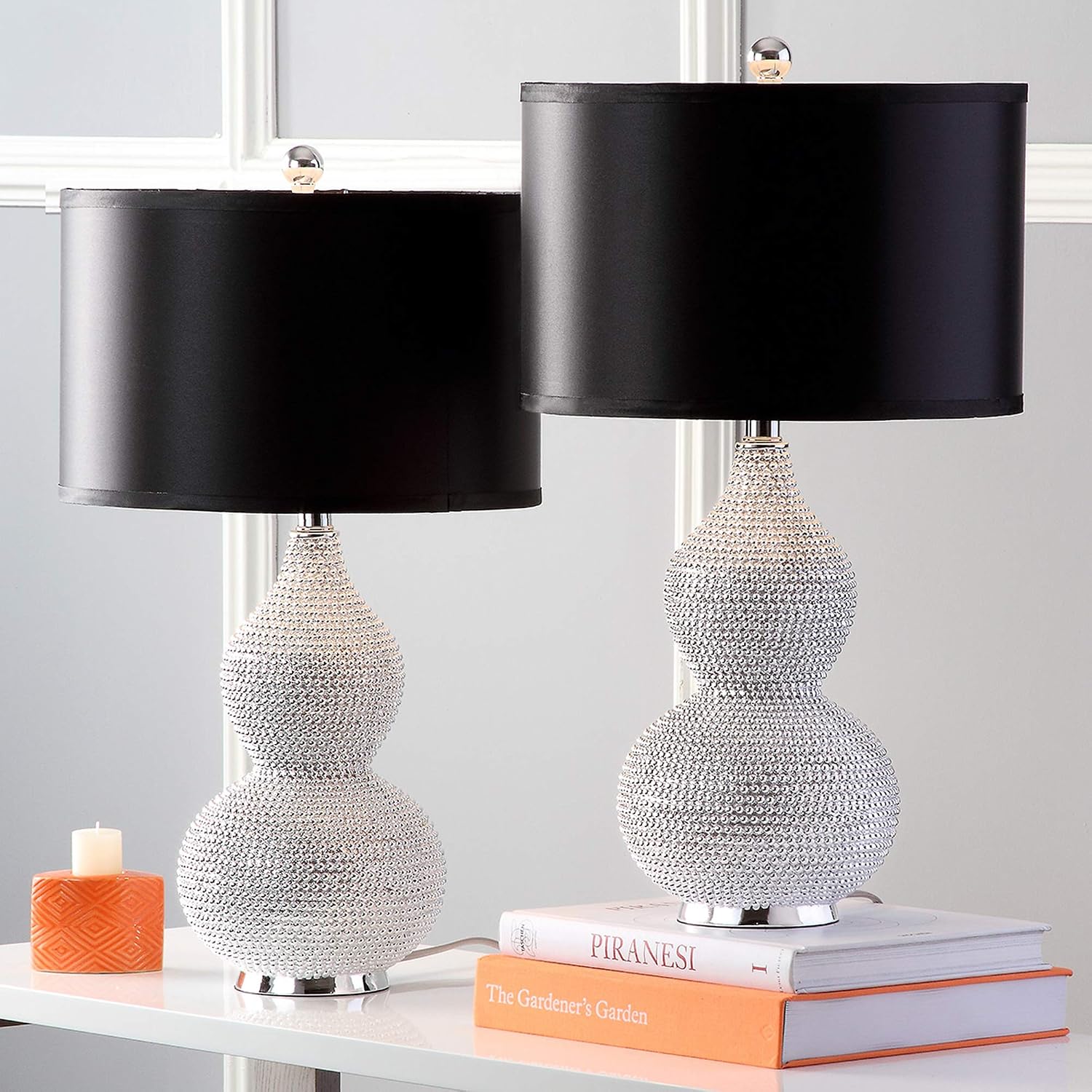 SAFAVIEH Lighting Collection Nicole Silver/Black Shade Beaded 25-inch Table Lamp Set of 2 with USB Charging Port (LED Bulbs Included)