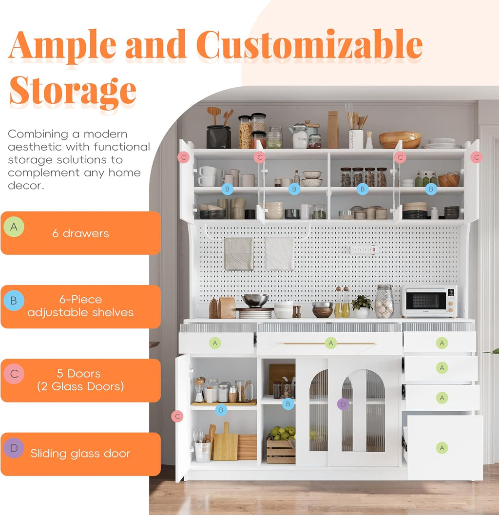 63'' W Buffet Cabinet with Hutch, Large Coffee Bar Storage Cabinet with 6 Drawers, Kitchen Pantry Sideboard with 5 Cabinets and Adjustable Shelves, Pegboard, Towel Rack, Power Outlet (White-Q12)