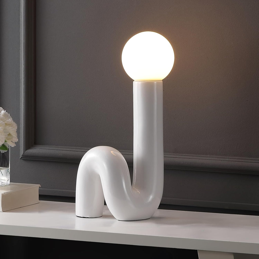 JONATHAN Y 18' White Modern Ceramic Spiral Table Lamp for Bedroom Living Room, Katya Minimalist Bedside Lamp, Frosted Glass Shade, LED Bulb Included JYL5500A