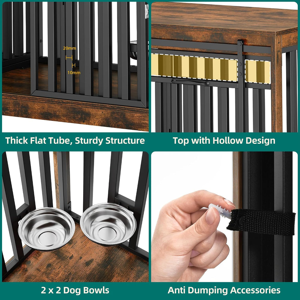 YITAHOME 71' Double Dog Crate Furniture with 4 Dog Bowls, Heavy Duty Wooden Dog Crate TV Stand, Dog Kennel Indoor Furniture Sliding Barn Door Design for Extra Large Dogs, Rustic Brown