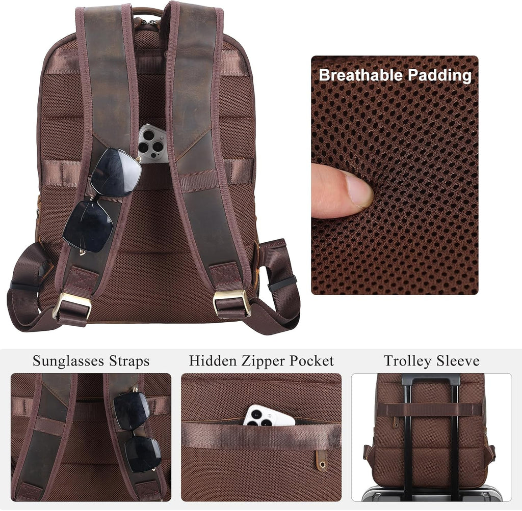 TIDING Leather Laptop Travel Backpack for Men Fits 15.6' 16' Computer, Large Business Work Bag Vintage Overnight Weekender Daypack Camping Rucksack