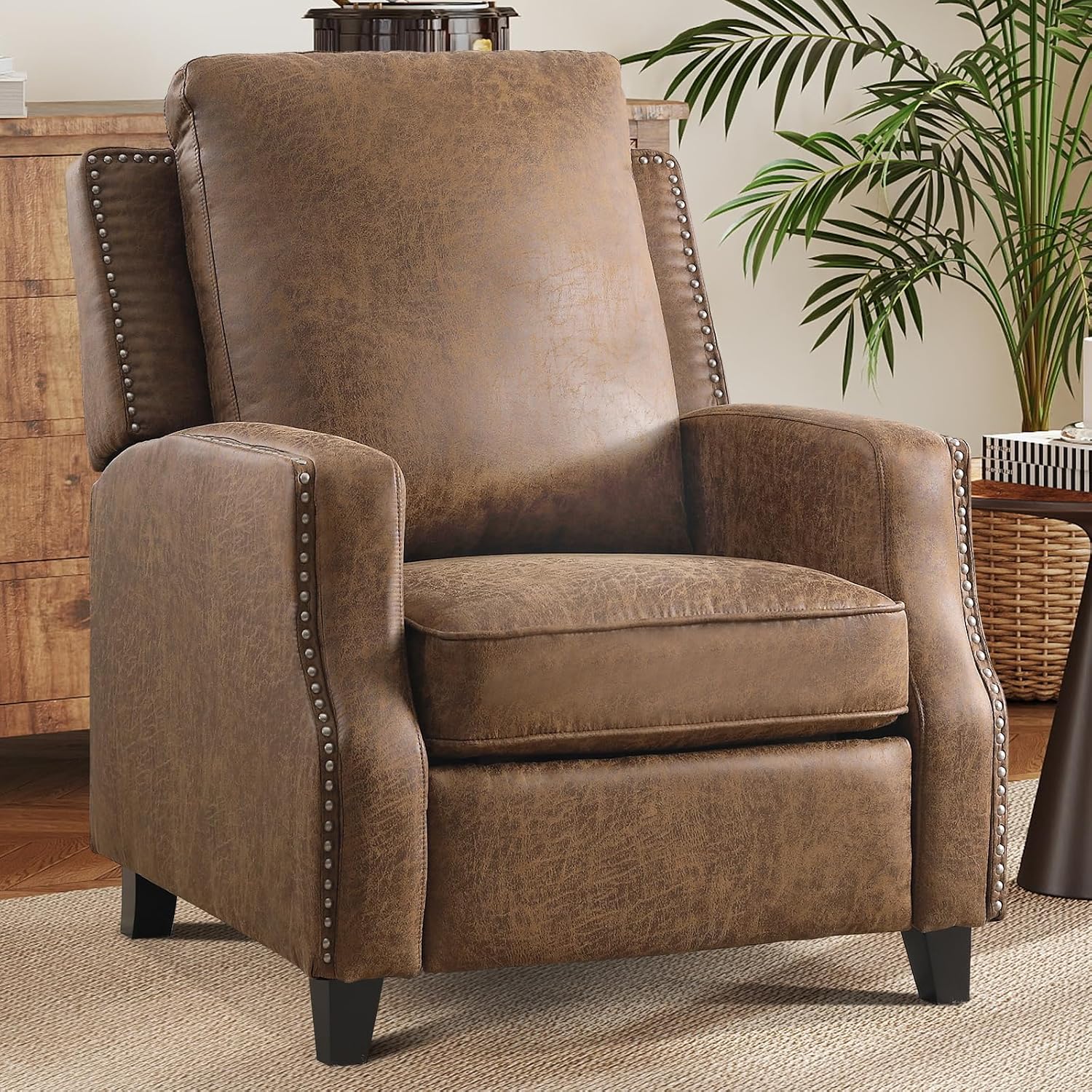 Push Back Recliner Chair Faux Leather Pushback Armchair with Rivet Decoration Wingback Single Sofa Chair with Padded Seat Solid Wood Legs for Living Room, Comfy Upholstered, Brown