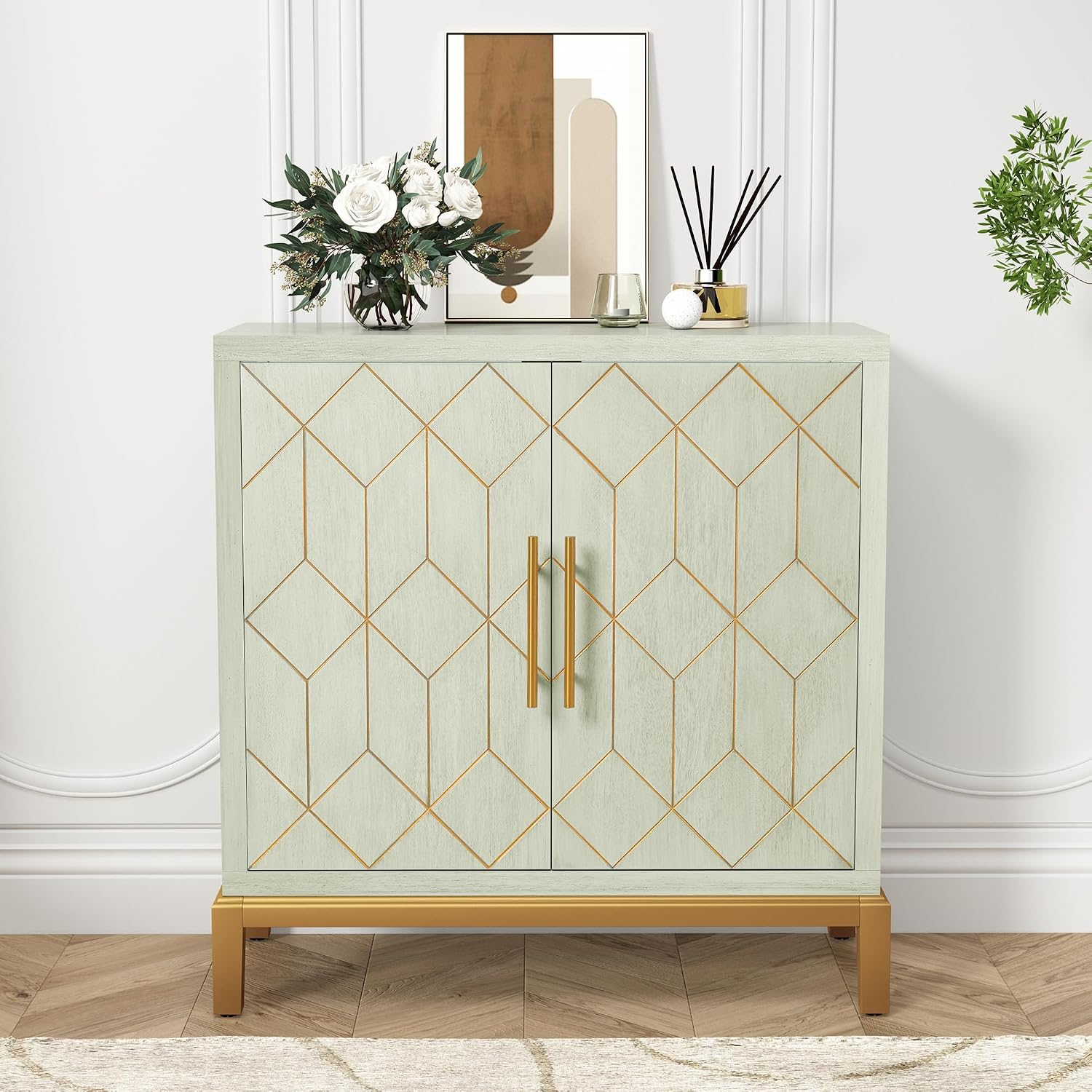 ARTPOWER Green Accent Cabinet with Doors, Modern Wooden Sideboard, Carved Decorative Storage Cabinets for Living Room, Kitchen, Office, and Hallway, Green with Gold Legs