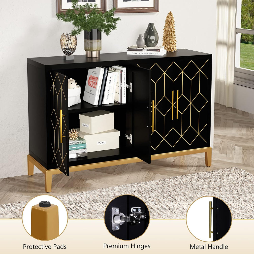 HLR Accent Cabinet with 4 Doors&Shelves, Sideboard Buffet Cabinet with Gold Trim, Modern Black Storage for Living Room, Entryway, Kitchen, Dining Room, Hallway