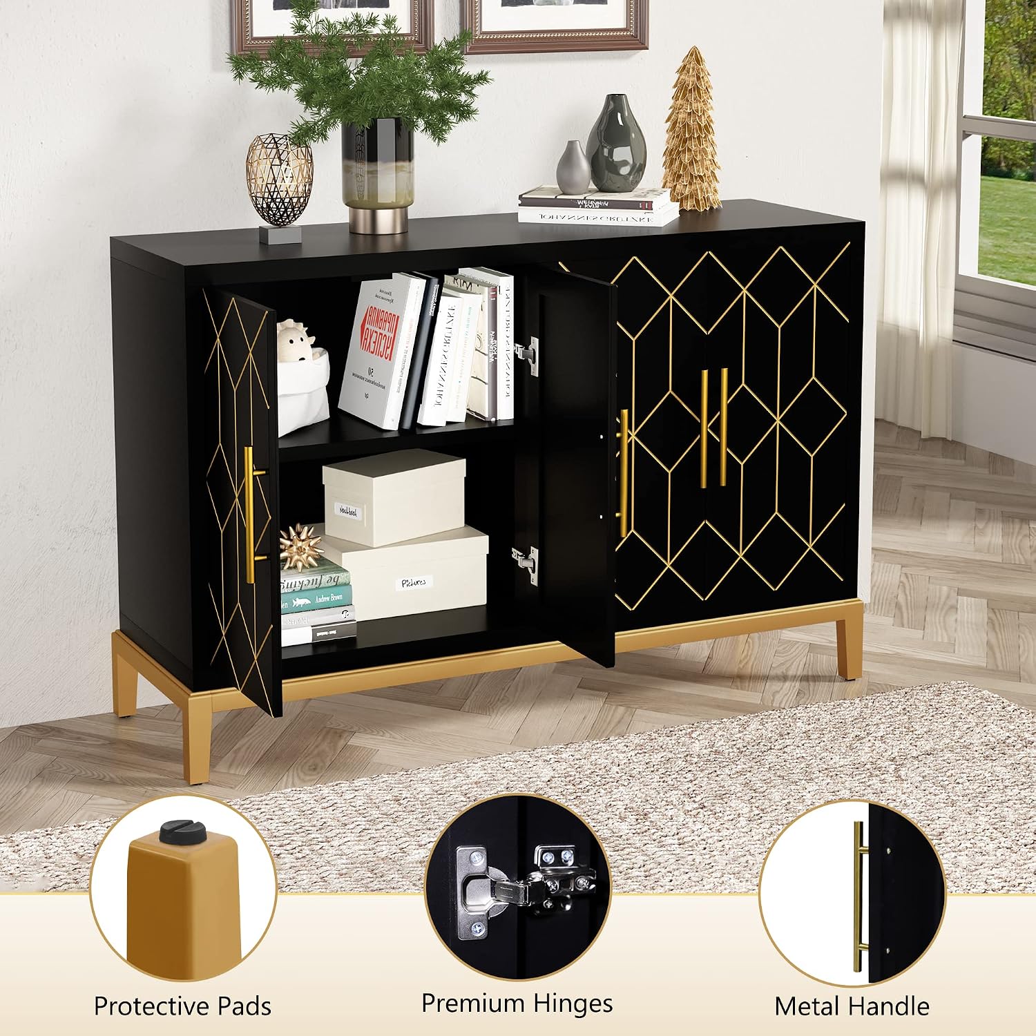 HLR Accent Cabinet with 4 Doors&Shelves, Sideboard Buffet Cabinet with Gold Trim, Modern Black Storage for Living Room, Entryway, Kitchen, Dining Room, Hallway