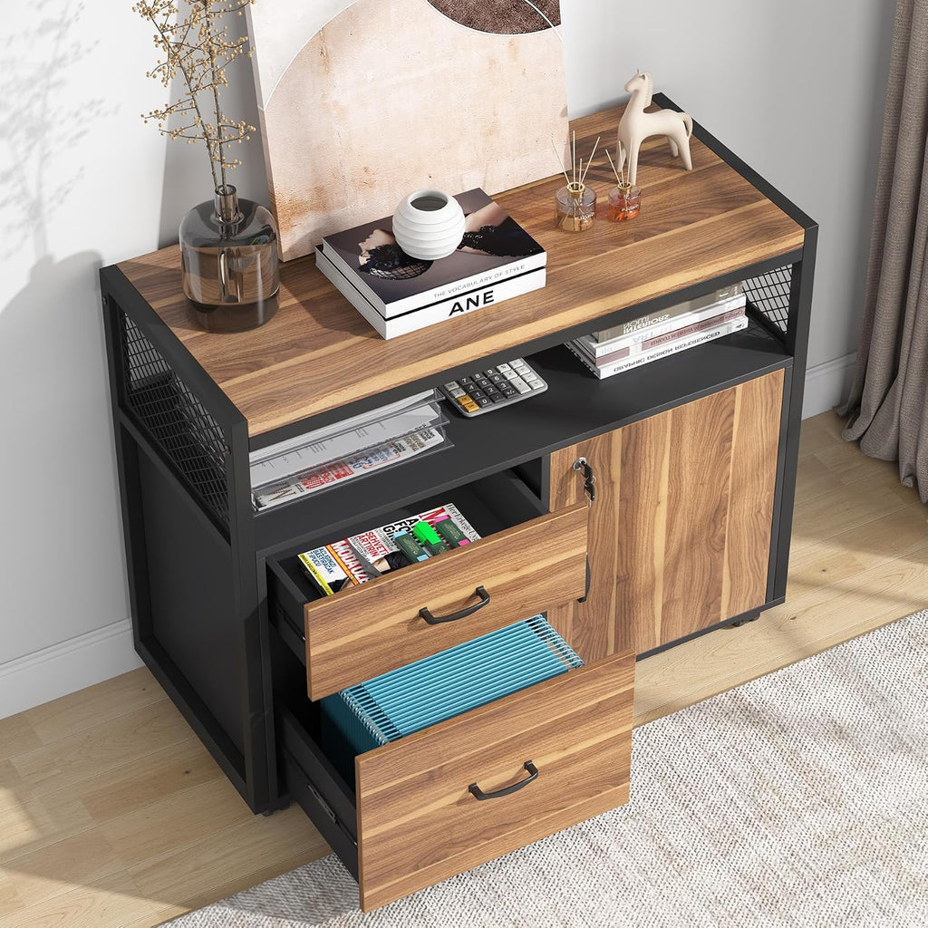 Tribesigns 63' Executive with Drawer Cabinet, L Shaped Desk and Lock lateral File Cabinet, 2 Piece Home Office Furniture Set with Drawers for Hanging File, (Brown, 63 inches)