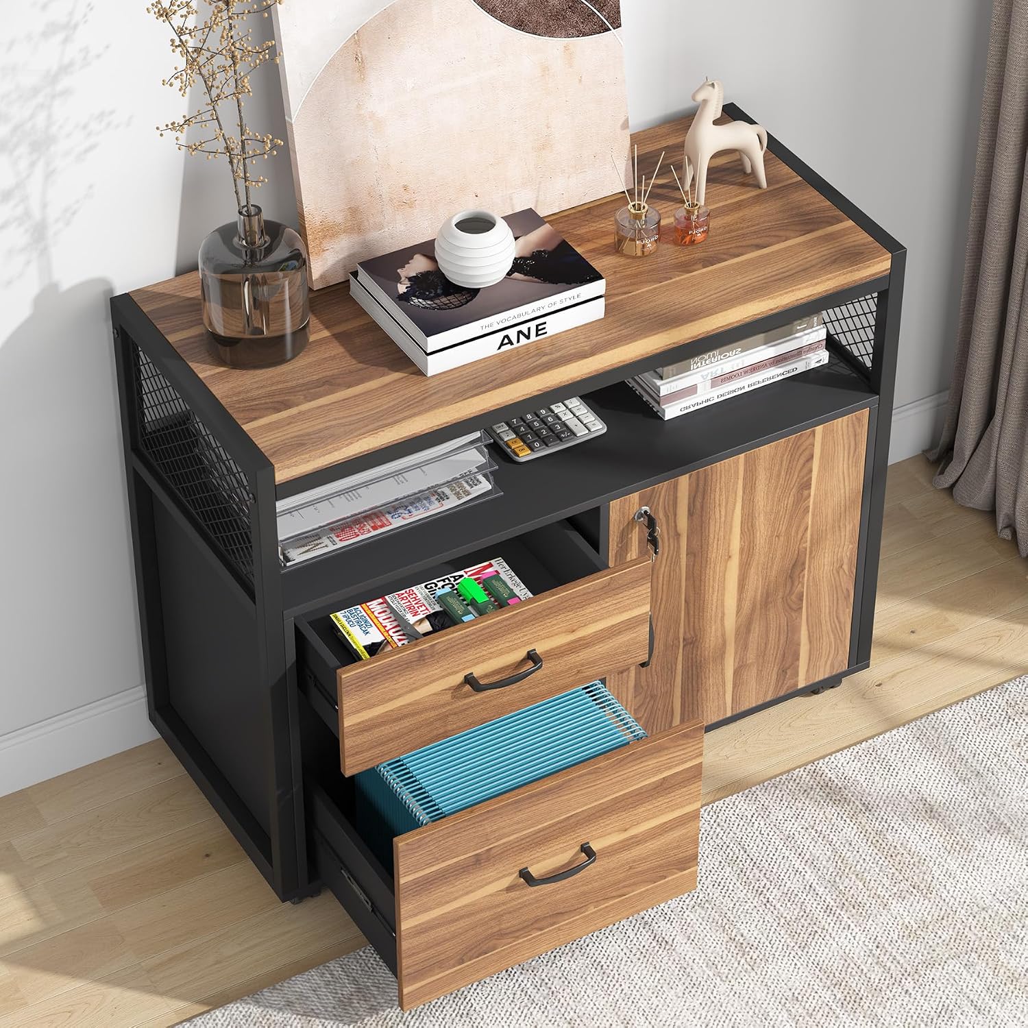 Tribesigns 63' Executive with Drawer Cabinet, L Shaped Desk and Lock lateral File Cabinet, 2 Piece Home Office Furniture Set with Drawers for Hanging File, (Brown, 63 inches)