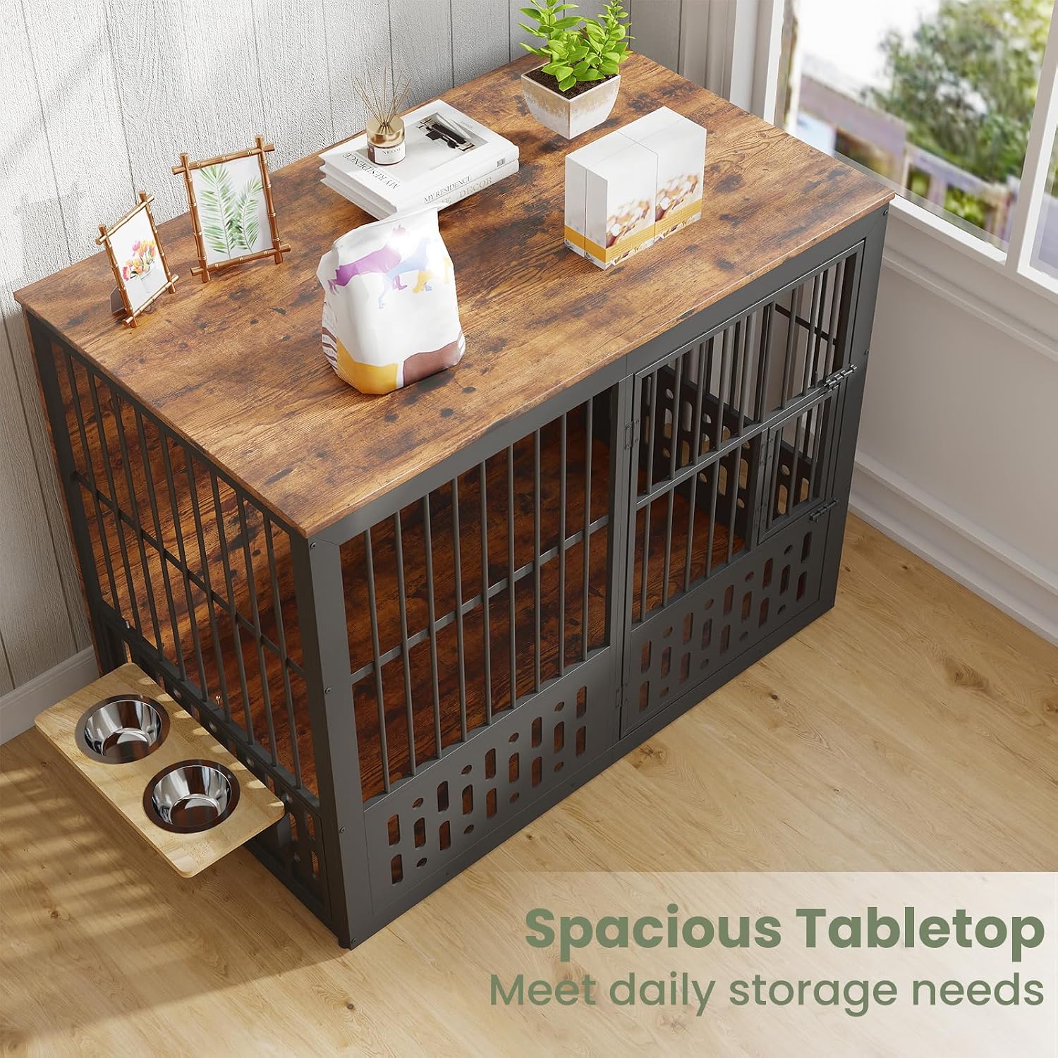 Yafylly 48 Inch XXL Dog Crate Furniture, Wooden Chewproof Dog Kennel with Interactive Window, 360° Adjustable Bowls (5 Heights), Storage Table Top, Heavy Duty XL Dog Crate for Medium Large Dogs, Brown