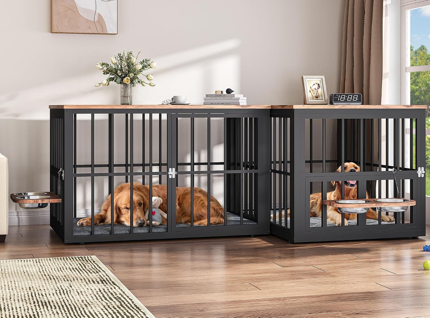 88.6' Large Dog Crate Furniture, Wooden Dog Kennel with Bowls & 3 Doors, Double Crate Furniture TV Stand for Medium Large Dogs, Brown