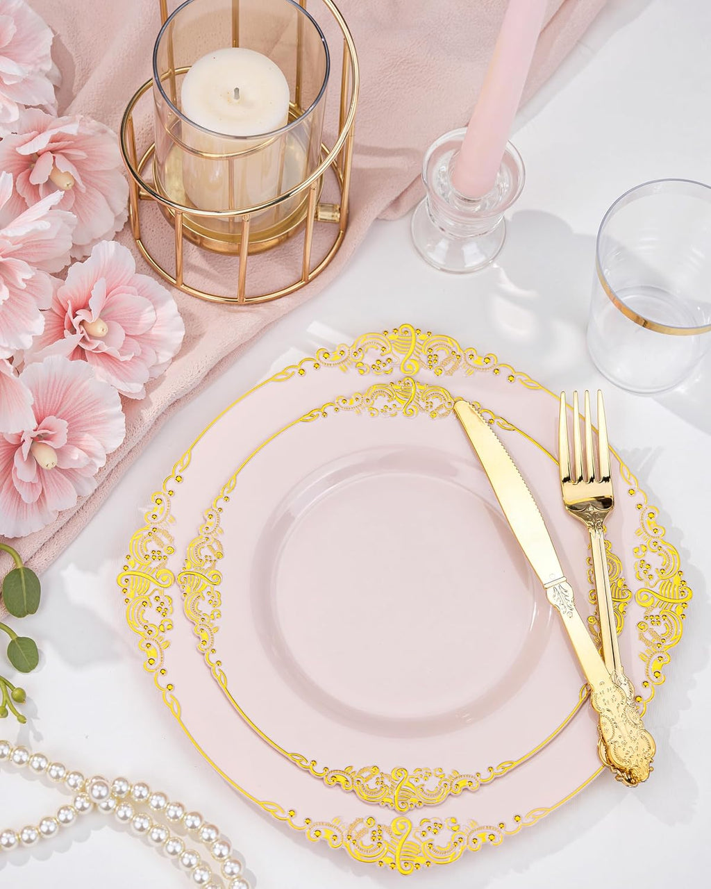 Nervure 700PCS Pink Gold Plastic Plates - Pink Plastic Dinnerware Sets for 100 Guests - 200 Disposable Plates, 300 Silverware, 100 Cups, 100 Napkins for Wedding, Party