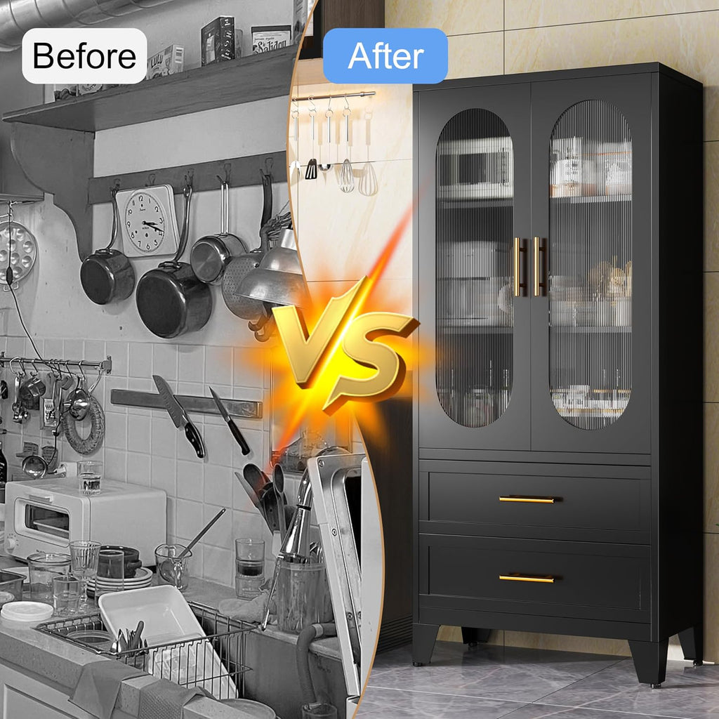 erosoei 61.02'H Metal Pantry Storage Cabinet with Drawer,Pantries Cabinets with Acrylic Glass Doors and Adjustable Shelves,Cupboard for Kitchen, Laundry Room,Living Room,Bathroom,Dinning Room