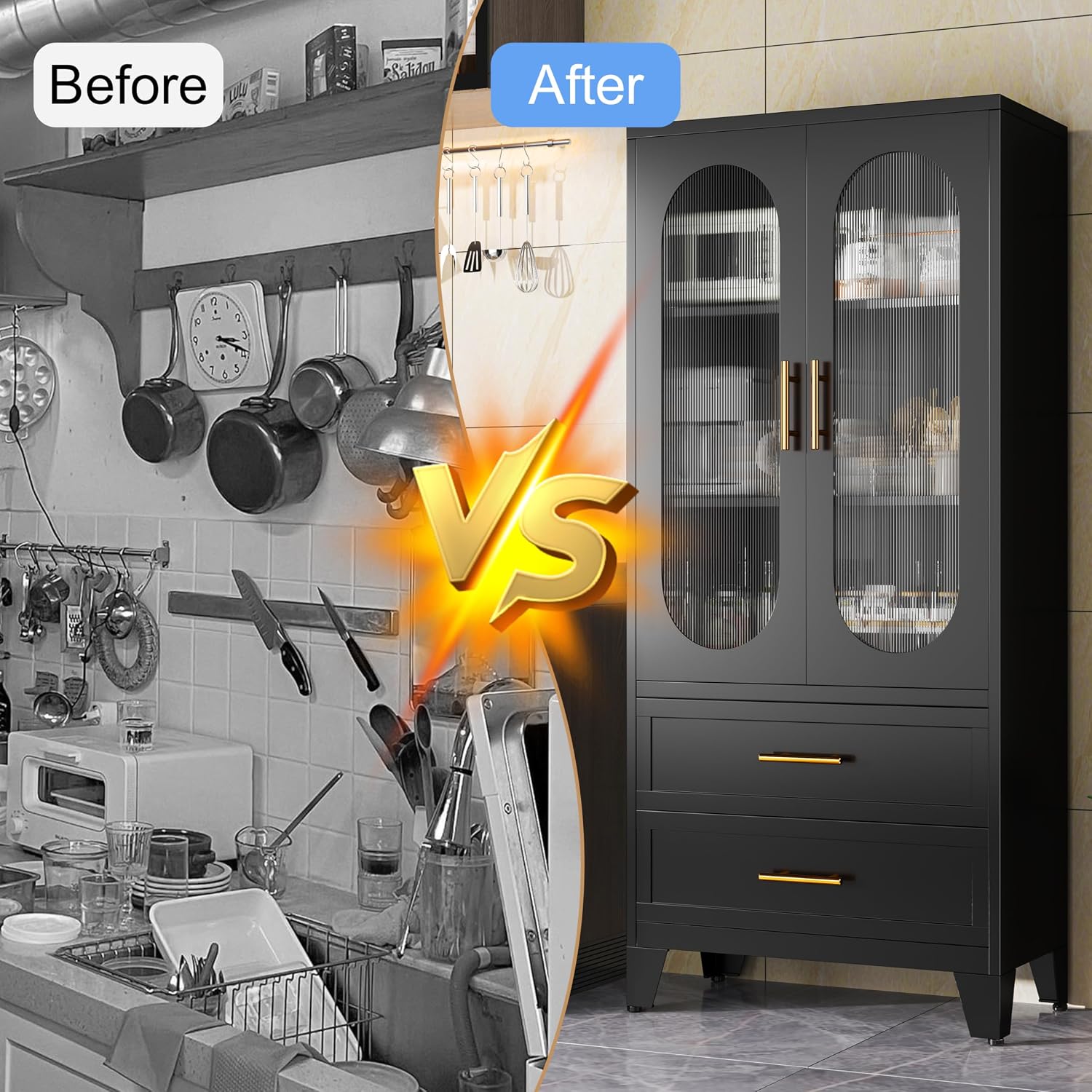 erosoei 61.02'H Metal Pantry Storage Cabinet with Drawer,Pantries Cabinets with Acrylic Glass Doors and Adjustable Shelves,Cupboard for Kitchen, Laundry Room,Living Room,Bathroom,Dinning Room