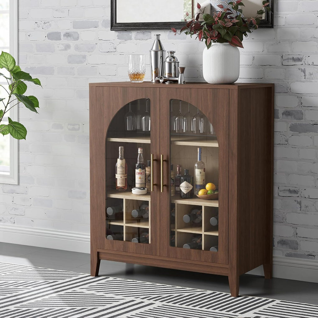FORTUNETEC Wine Bar Cabinet with Glass Doors, 31.5' Liquor Cabinet with Wine and Glass Rack, Mid Century Modern Sideboard Buffet Cabinet with Storage for Living Room Kitchen Dining Room, Walnut