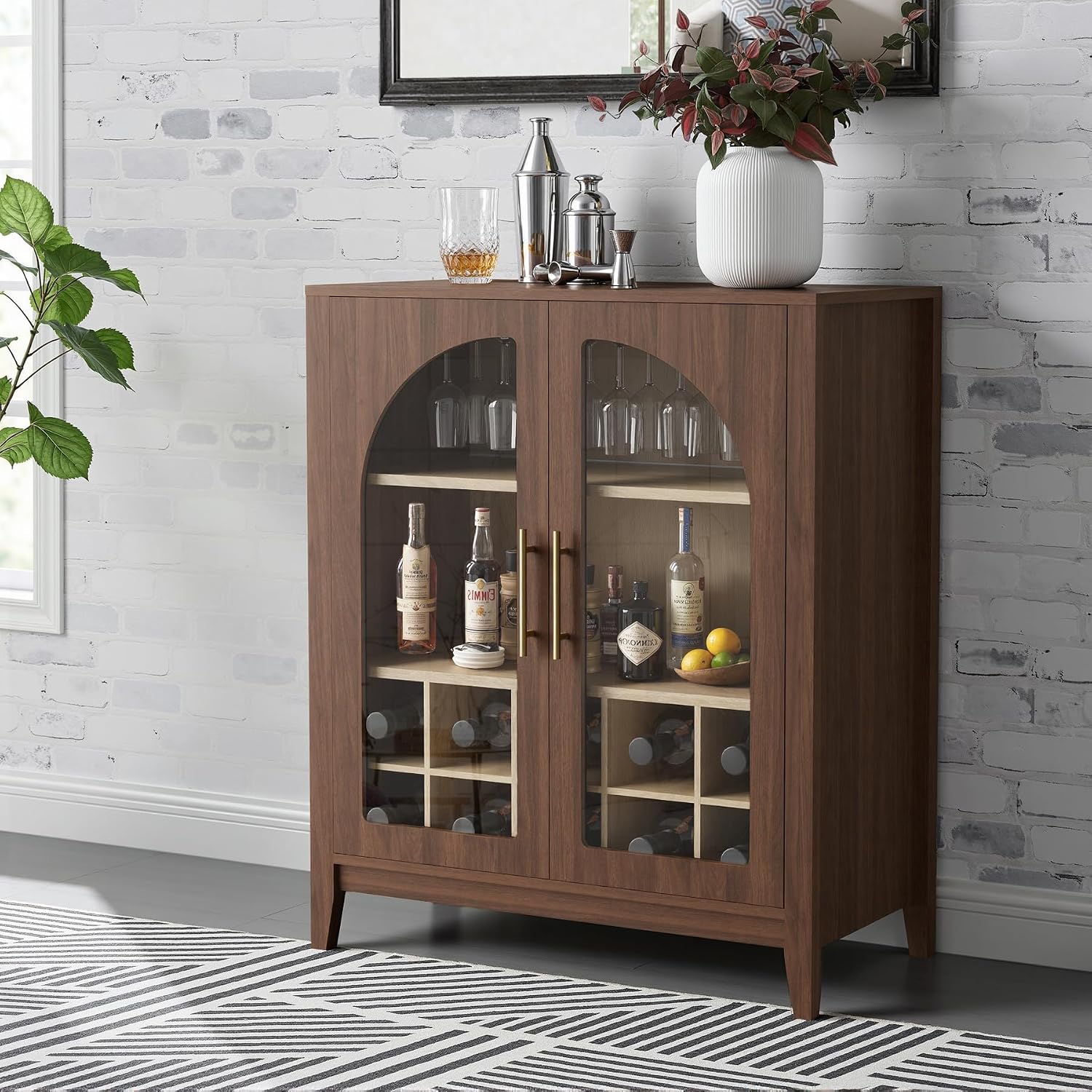 FORTUNETEC Wine Bar Cabinet with Glass Doors, 31.5' Liquor Cabinet with Wine and Glass Rack, Mid Century Modern Sideboard Buffet Cabinet with Storage for Living Room Kitchen Dining Room, Walnut