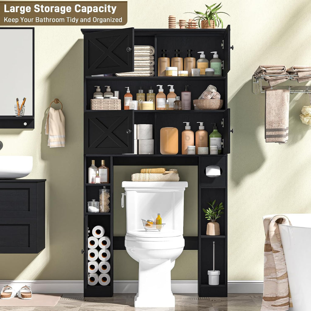 Over The Toilet Storage Cabinet, Farmhouse Storage Over Toilet with 4 Barn Doors & Adjustable Shelf, Space Saving Bathroom Organizer with Toilet Paper Holder Stand for Bathroom, Laundry, Rustic Black