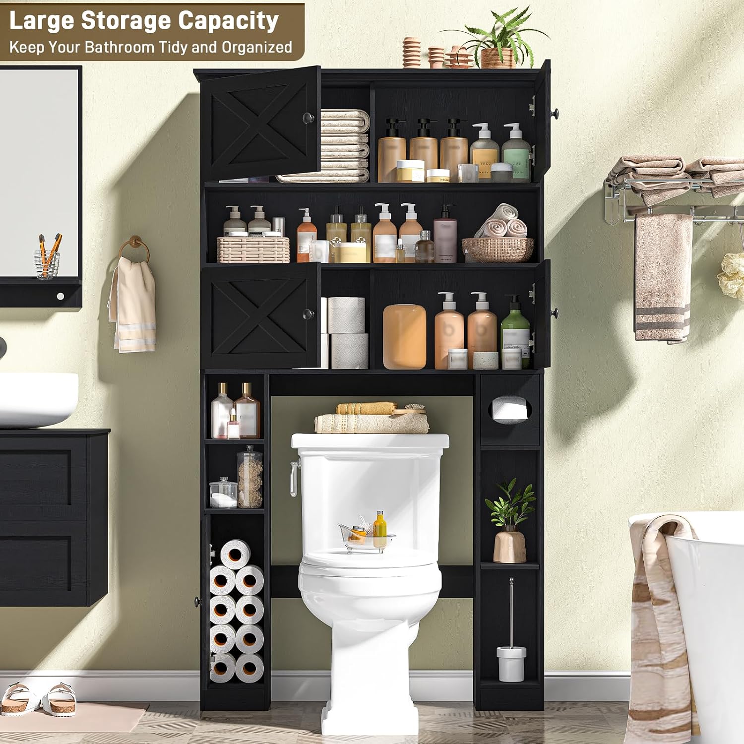 Over The Toilet Storage Cabinet, Farmhouse Storage Over Toilet with 4 Barn Doors & Adjustable Shelf, Space Saving Bathroom Organizer with Toilet Paper Holder Stand for Bathroom, Laundry, Rustic Black