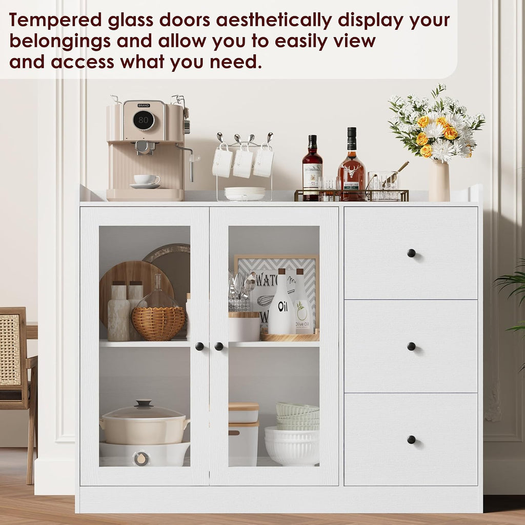 GarveeHome Sideboard Buffet Cabinet with Storage, 43 in Coffee Bar Cabinet with Glass Doors and 3 Drawers, Kitchen Storage Cabinet with Adjustable Shelves for Dining Room, Living Room, White