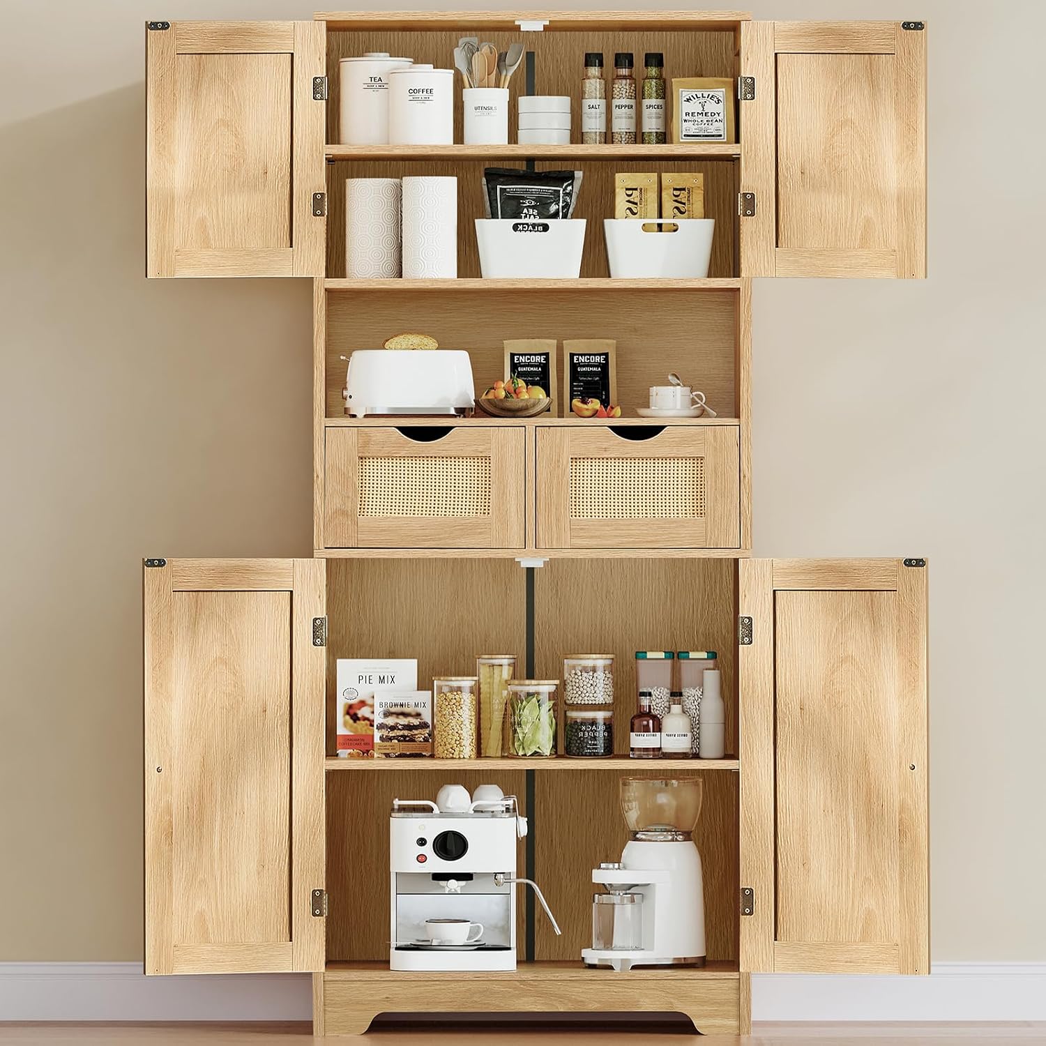 Iwell Tall Storage Cabinet with 2 Drawers & Adjustable Shelves, Rattan Cabinet, Kitchen Storage Cabinet, Pantry Cabinet with 4 Doors, Tall Cabinet for Living Room, Kitchen, Home Office, Natural